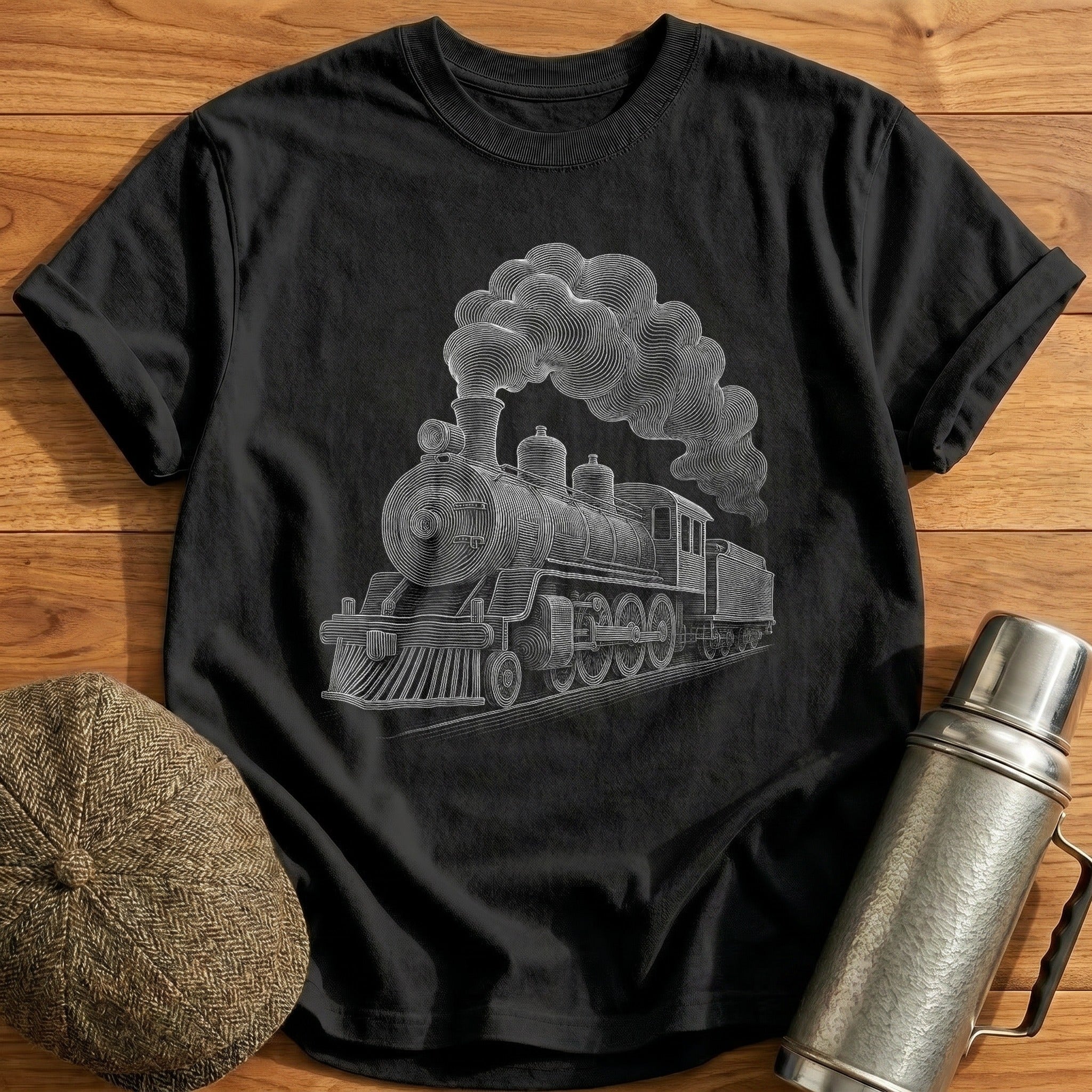 Steam Locomotive With Billowing Smoke T-Shirt - Black