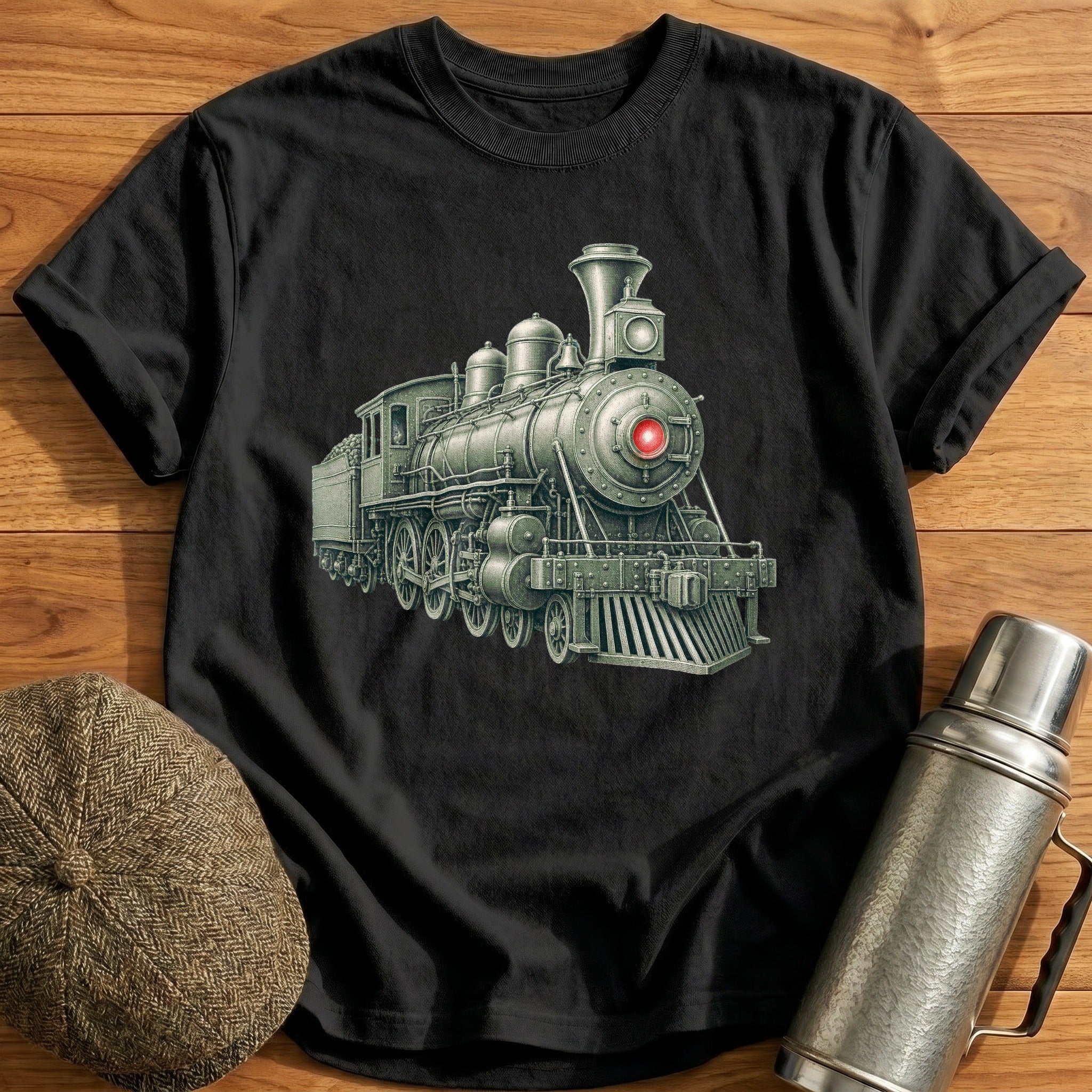 Steam Locomotive Front Three-Quarter T-Shirt - Black