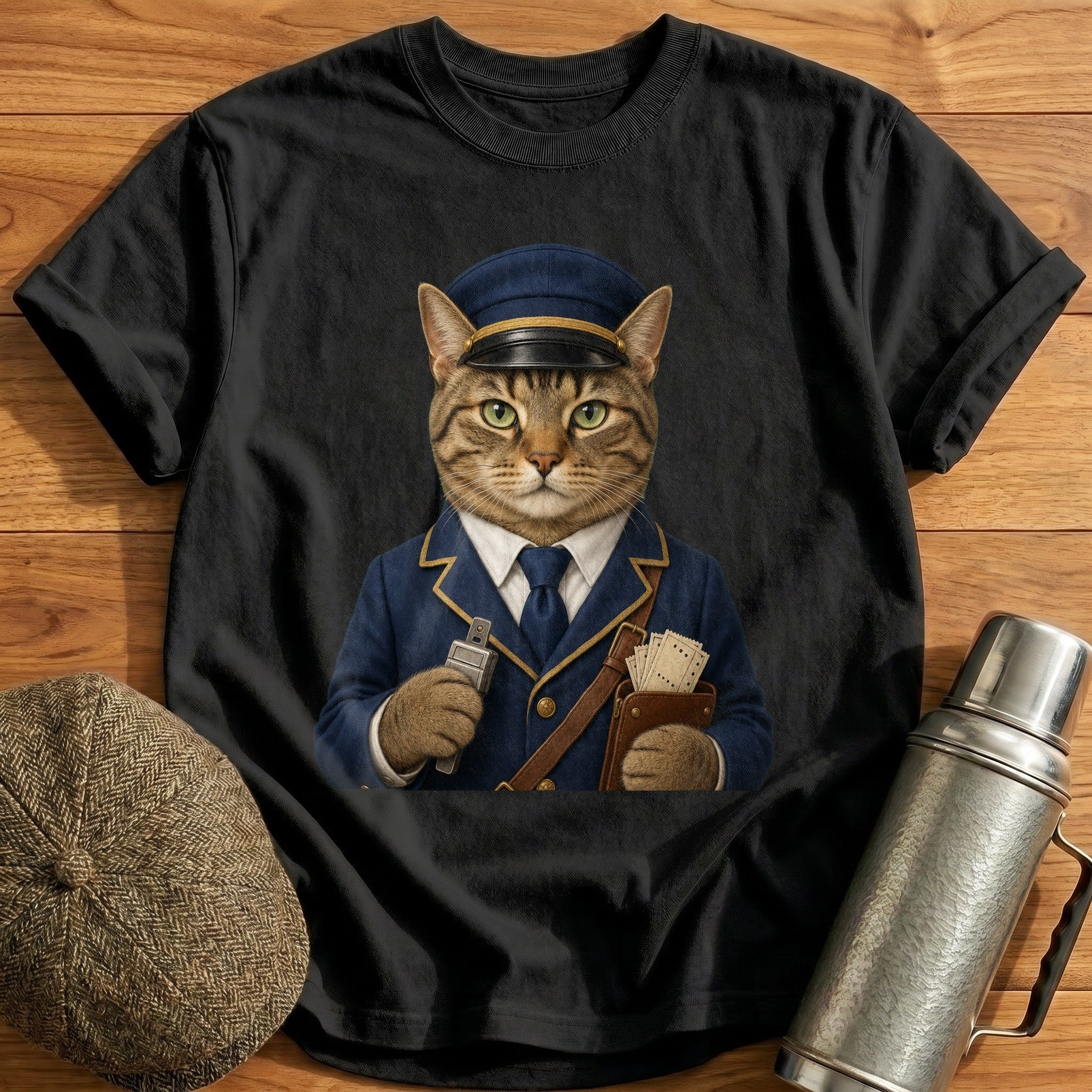Tabby Cat Ticket Inspector T-Shirt - Black