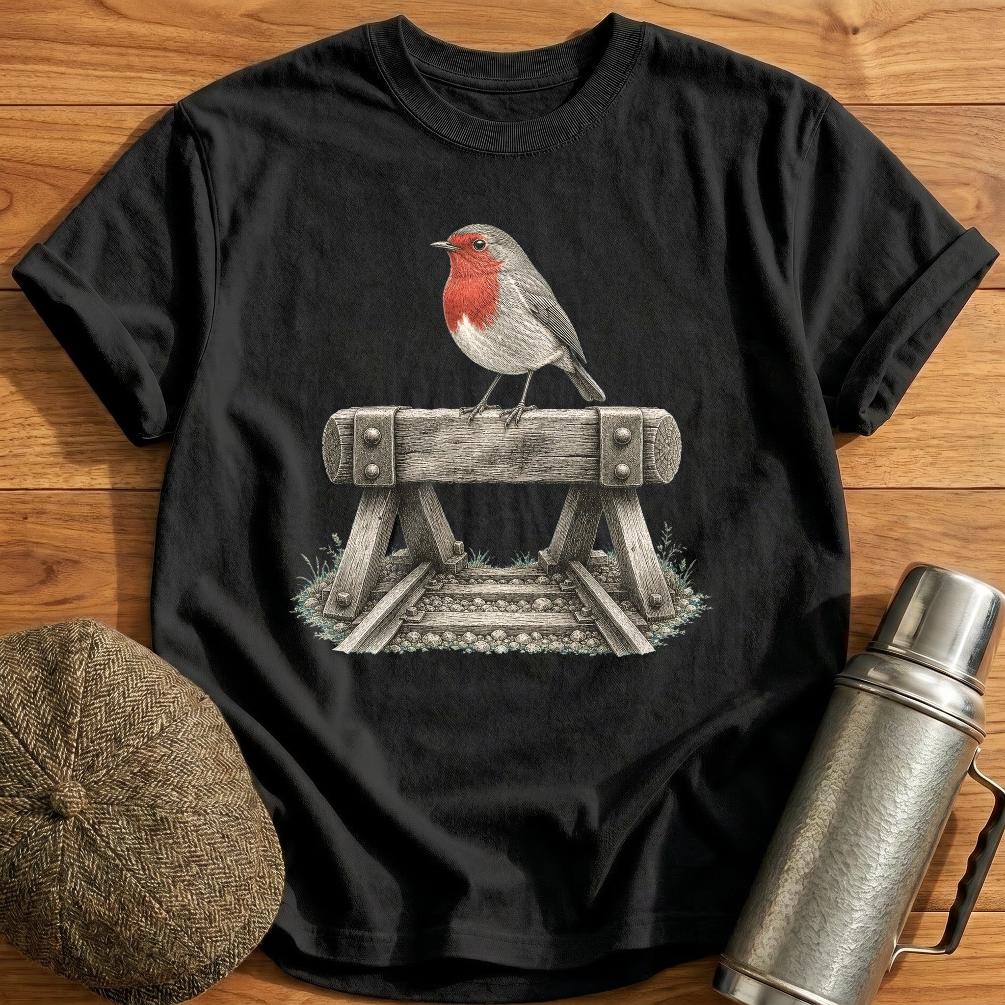 Robin Perched On A Buffer Stop T-Shirt - Black