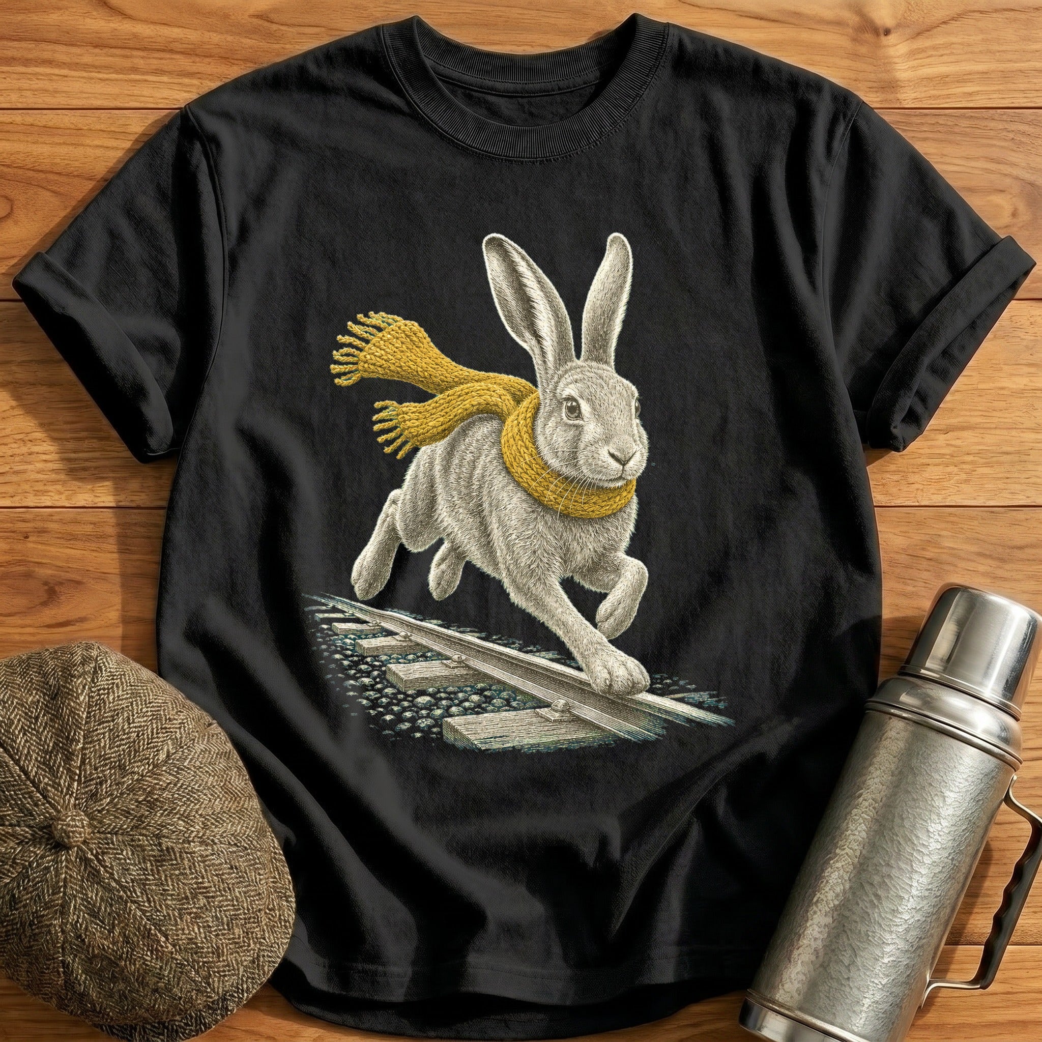 Hare Running Beside The Rails T-Shirt - Black