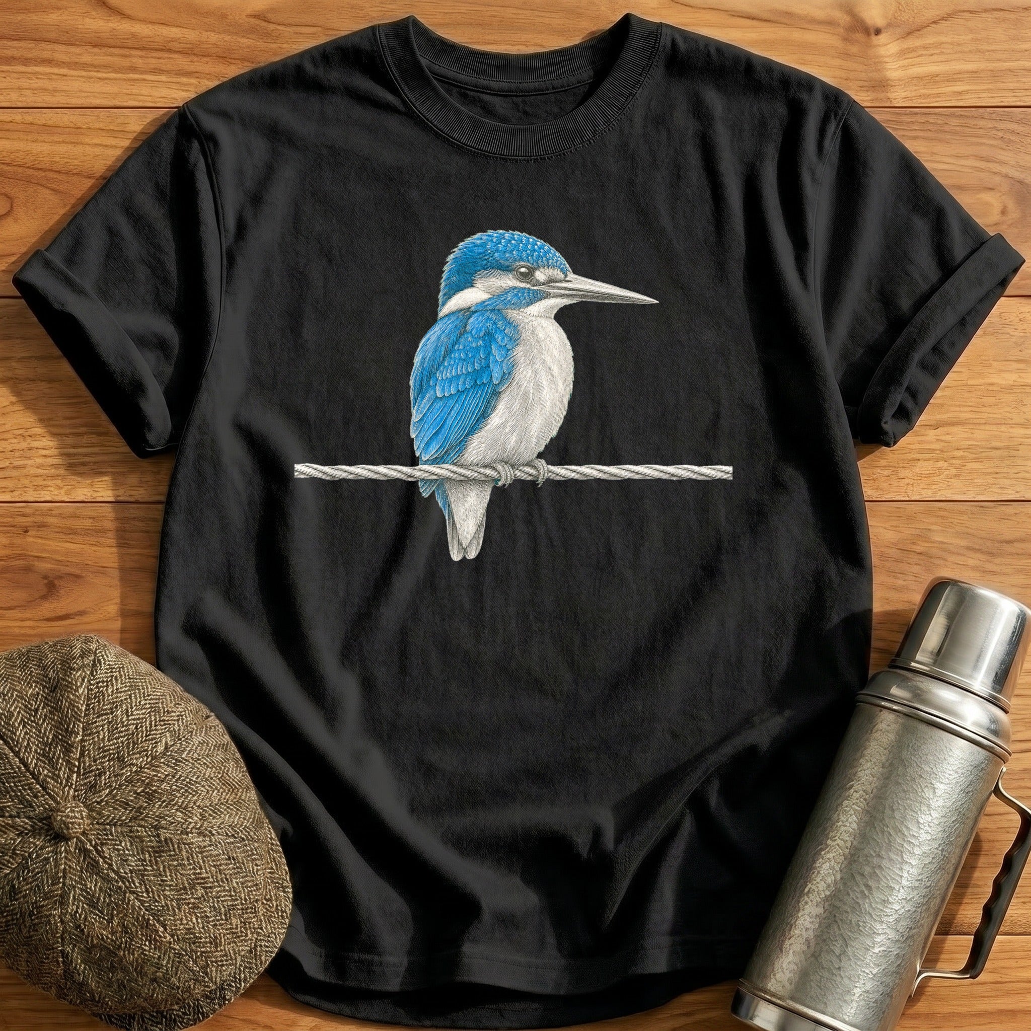 Kingfisher On A Signal Wire T-Shirt - Black
