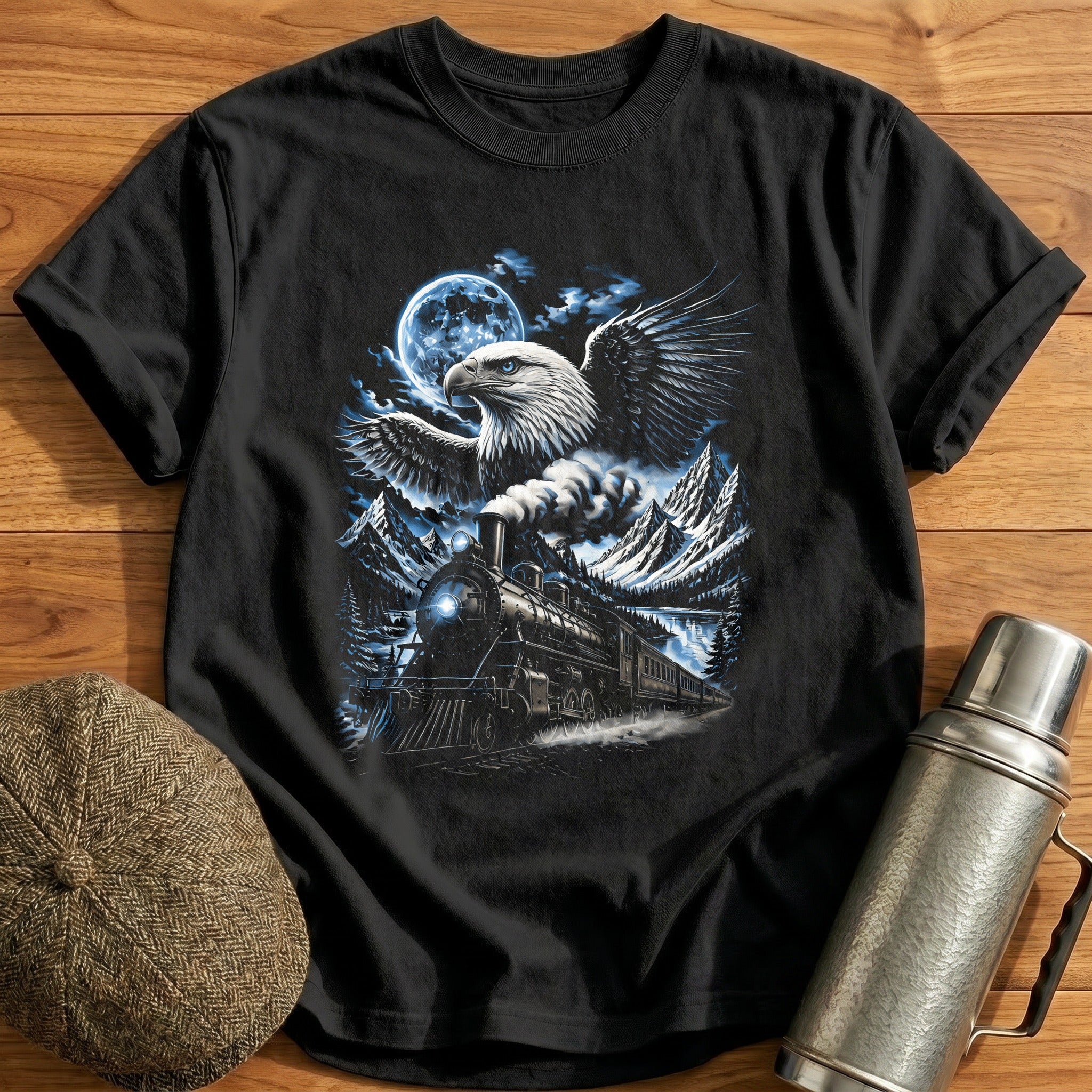 Bald Eagle Train Moonlight Mountains - Black