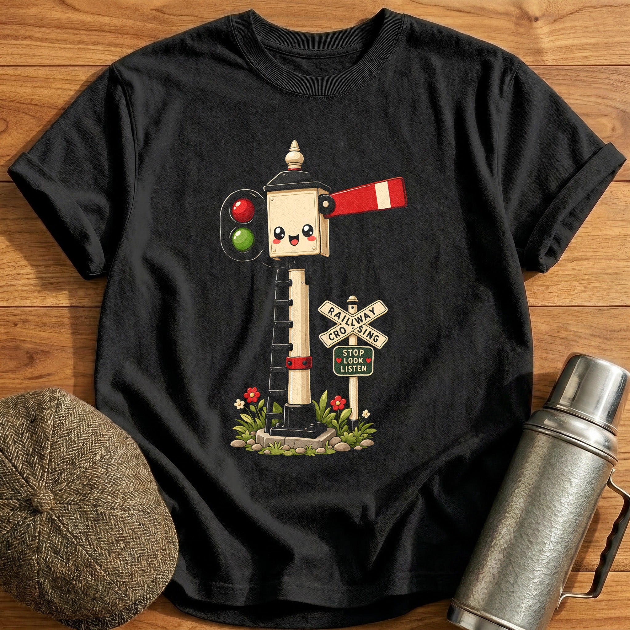Cute Railway Signal Stop Look Listen Train - Black