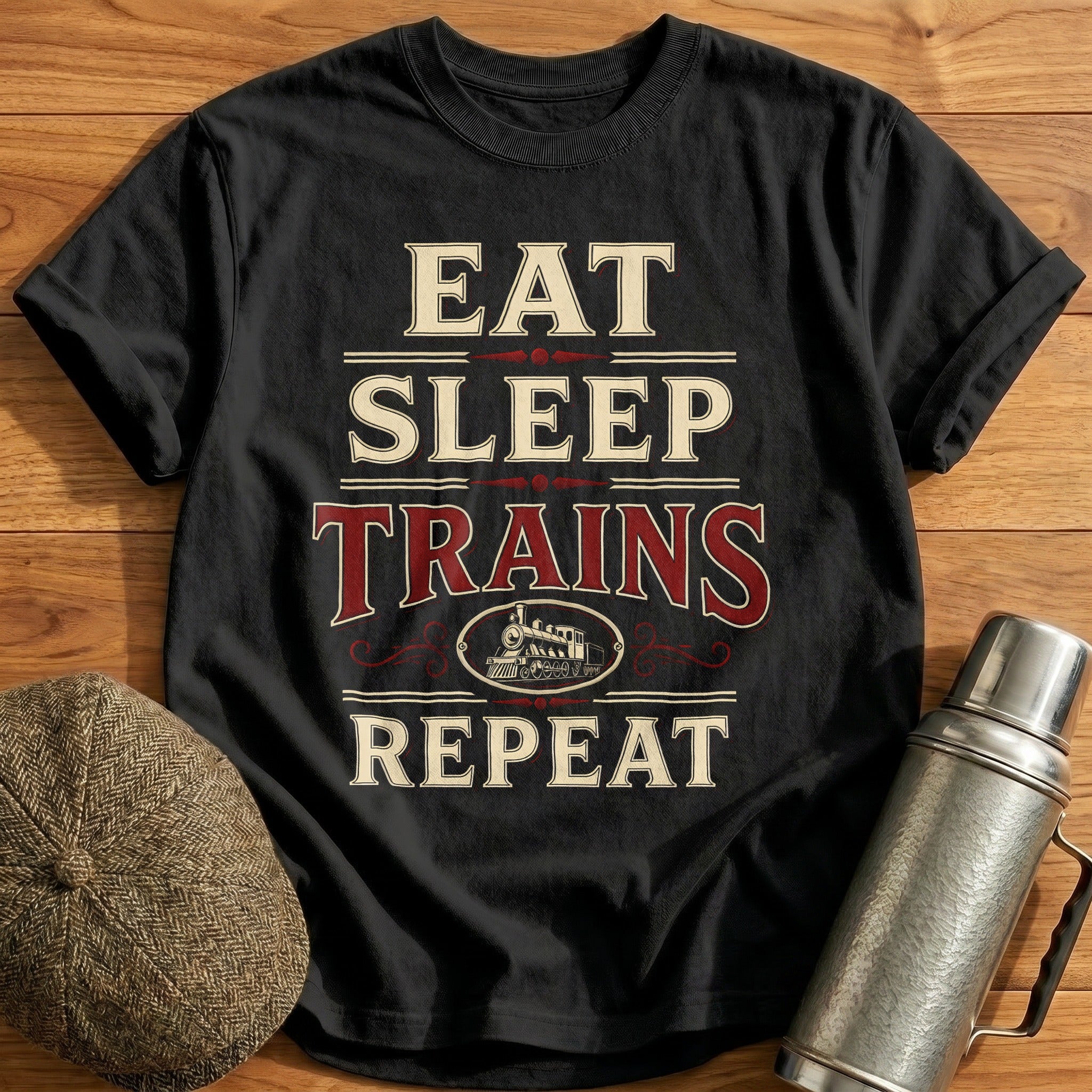 Eat Sleep Trains Repeat Train Enthusiast Vintage - Black