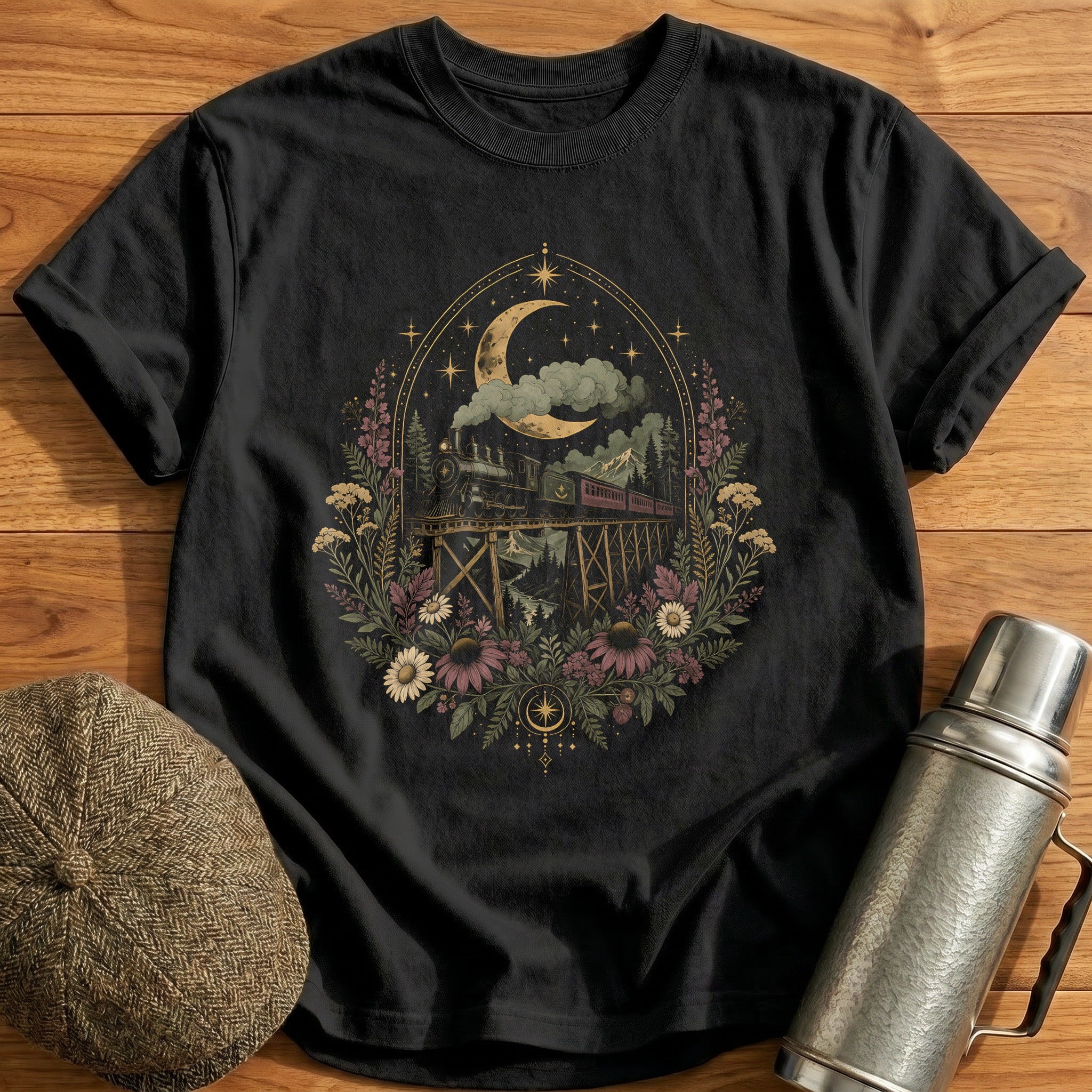 Midnight Steam Train Moon Night Vintage - Black