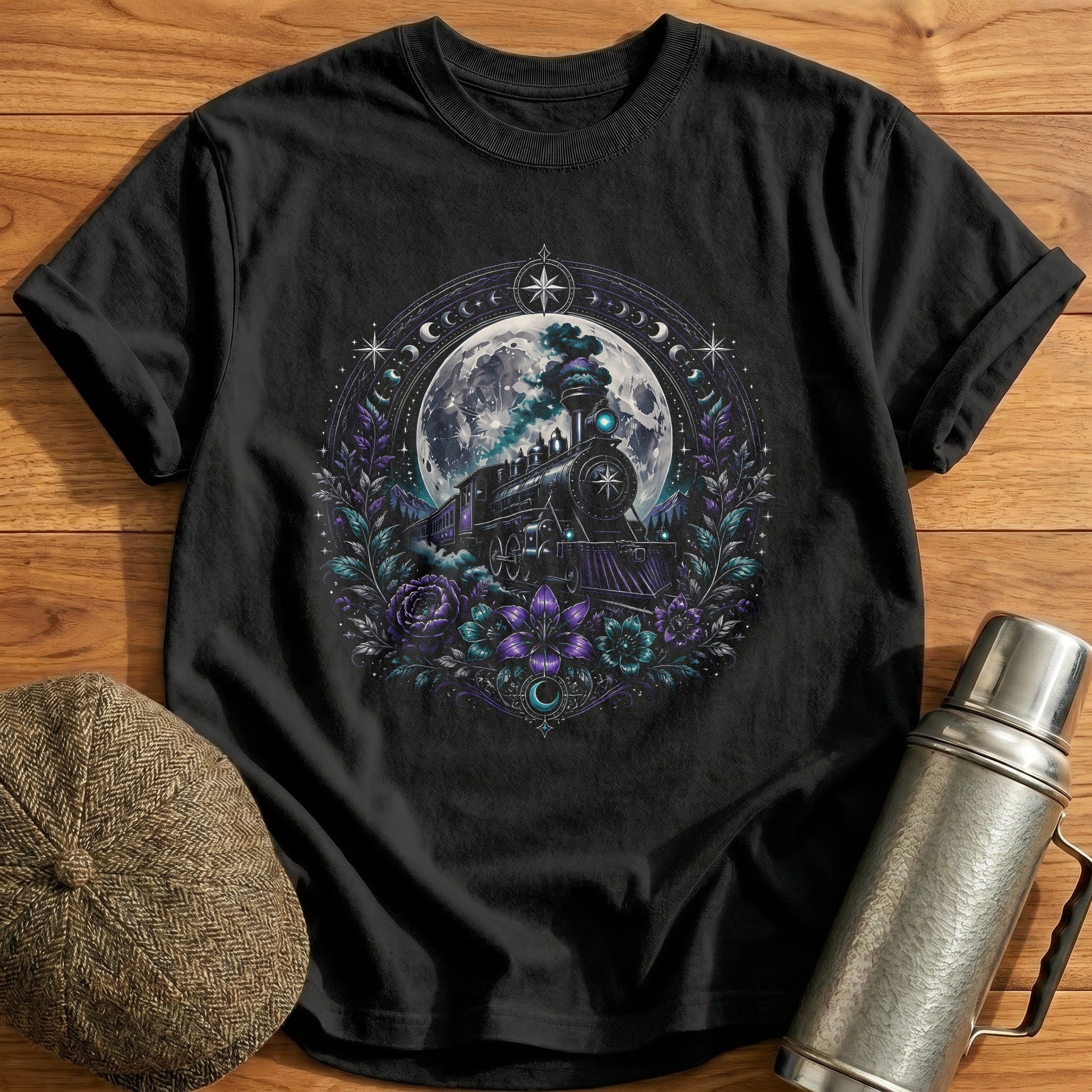 Moonlight Steam Train Floral Train Spotter Vintage - Black