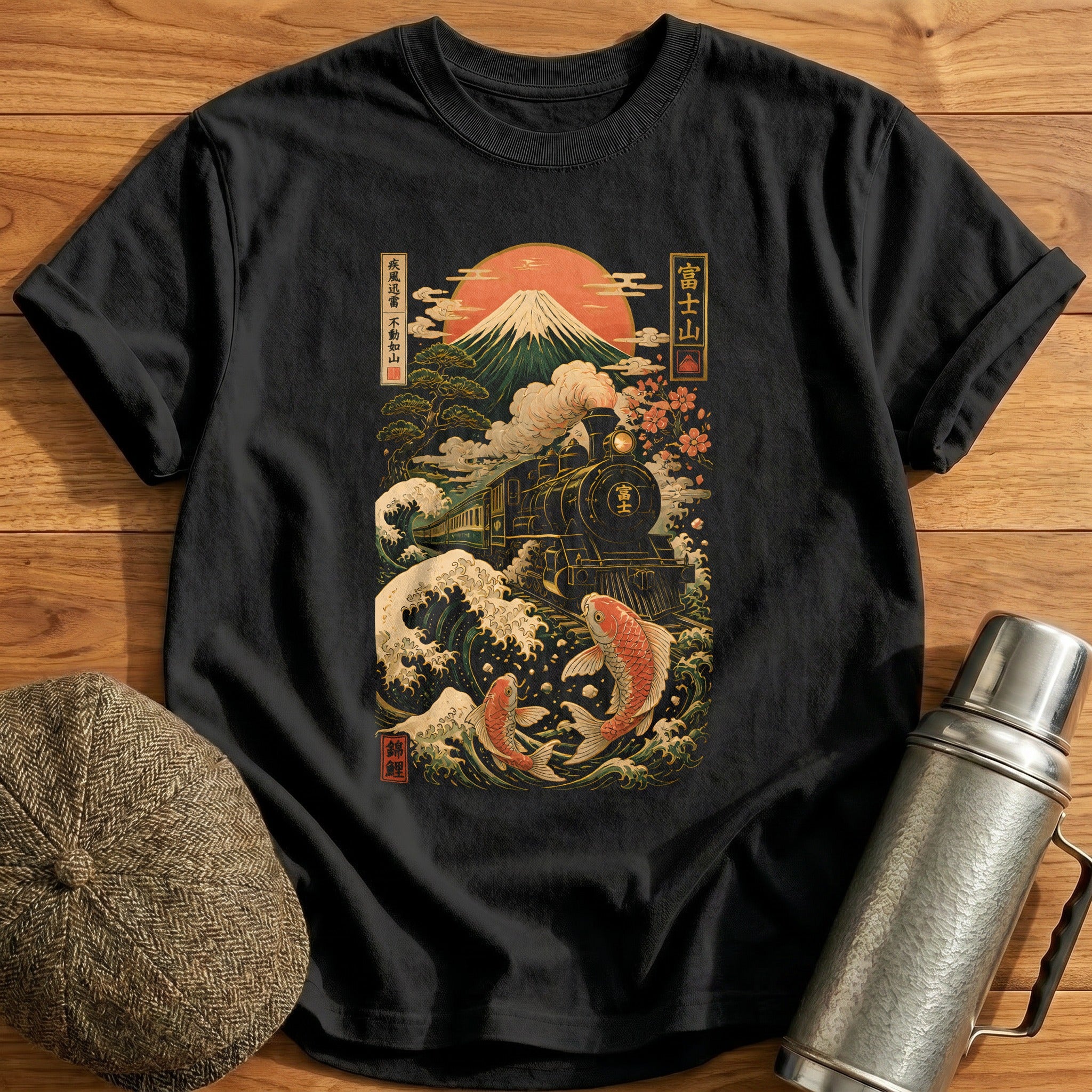 Mount Fuji Train Koi Fish Ukiyo E - Black