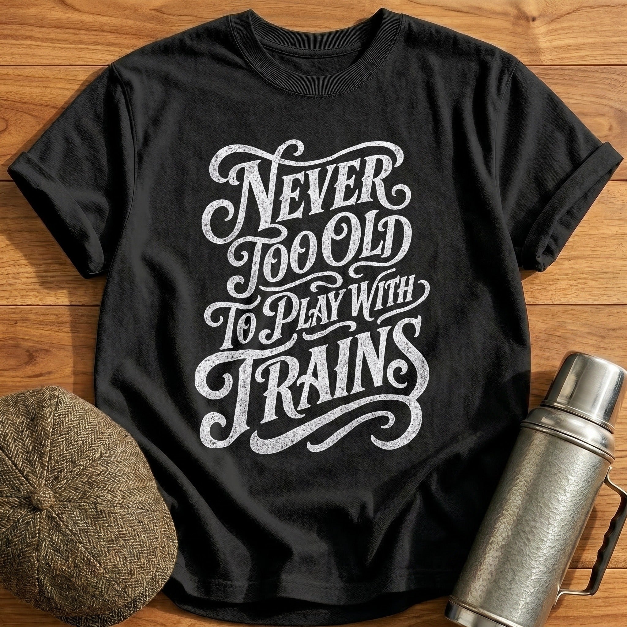Never Too Old To Play With Trains Script 2 T-Shirt - Black