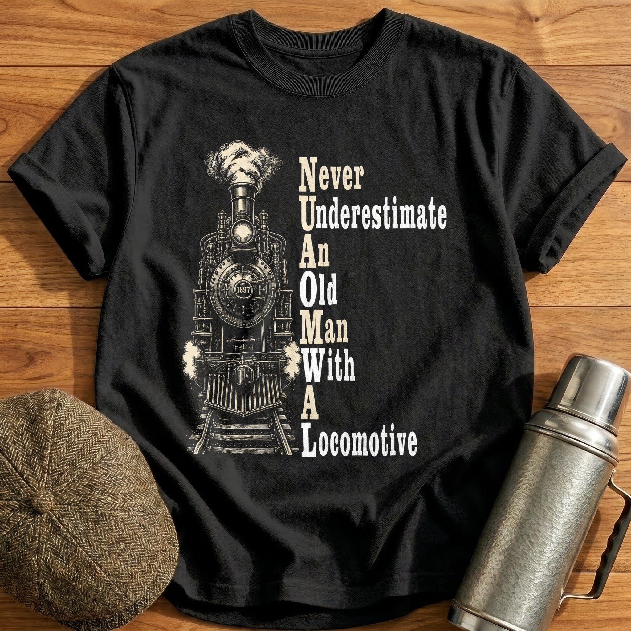 Never Underestimate An Old Man With A Locomotive T-Shirt - Black