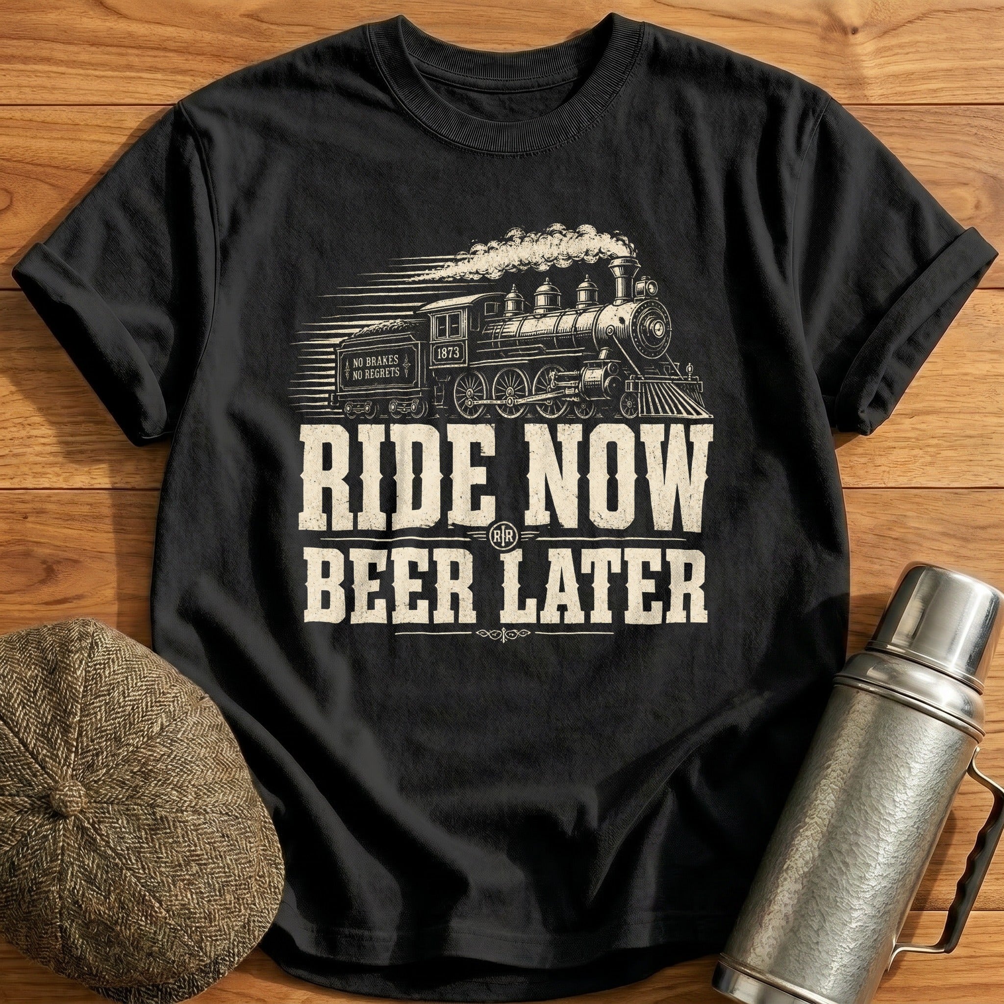 Ride Now Beer Later Train T-Shirt - Black