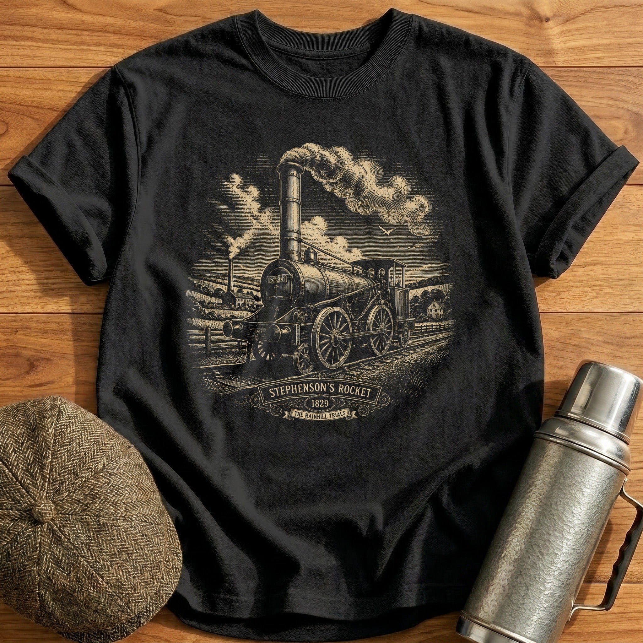 Rocket Stephenson Early Steam Locomotive T-Shirt - Black
