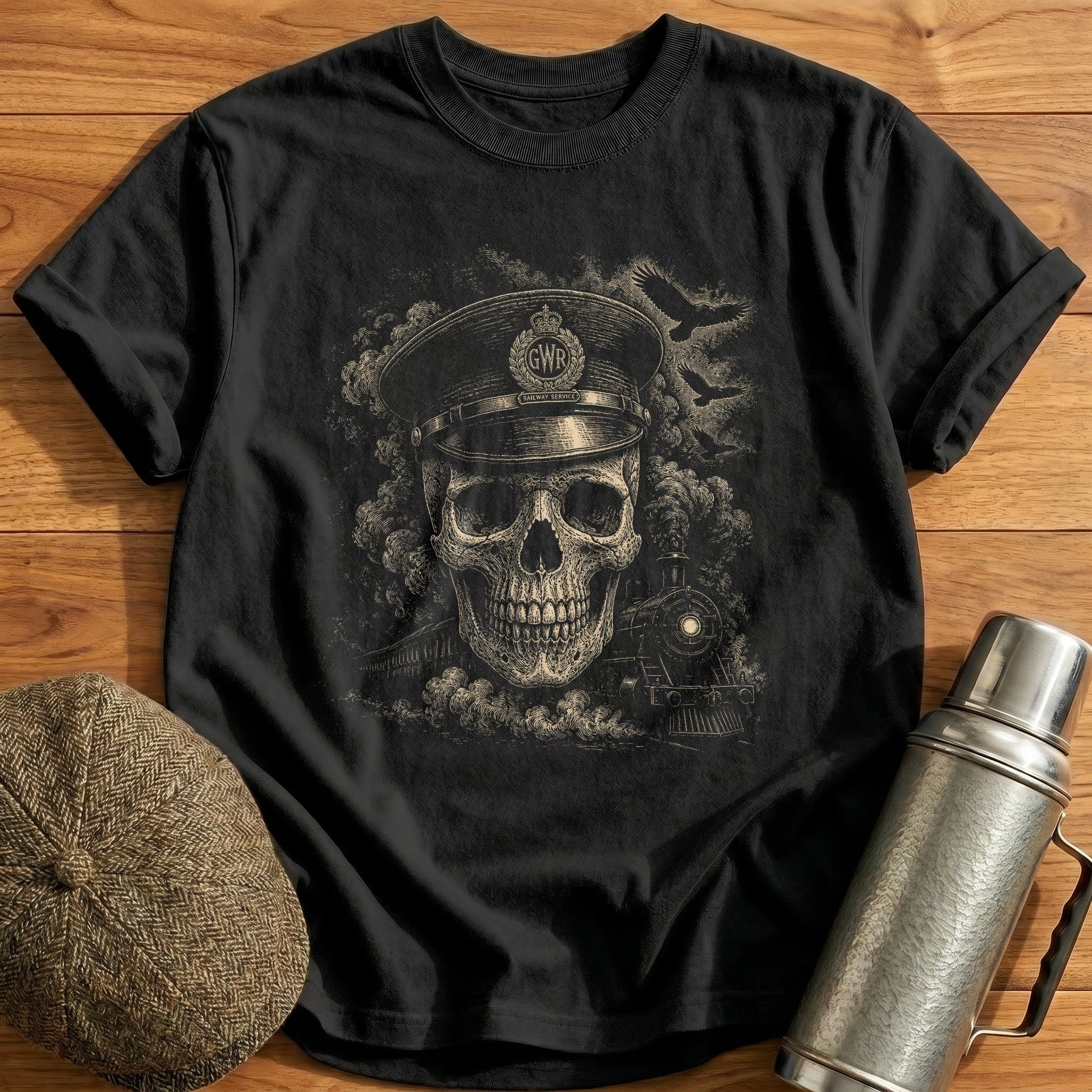 Skull Wearing British Railwayman Cap Forward T-Shirt - Black