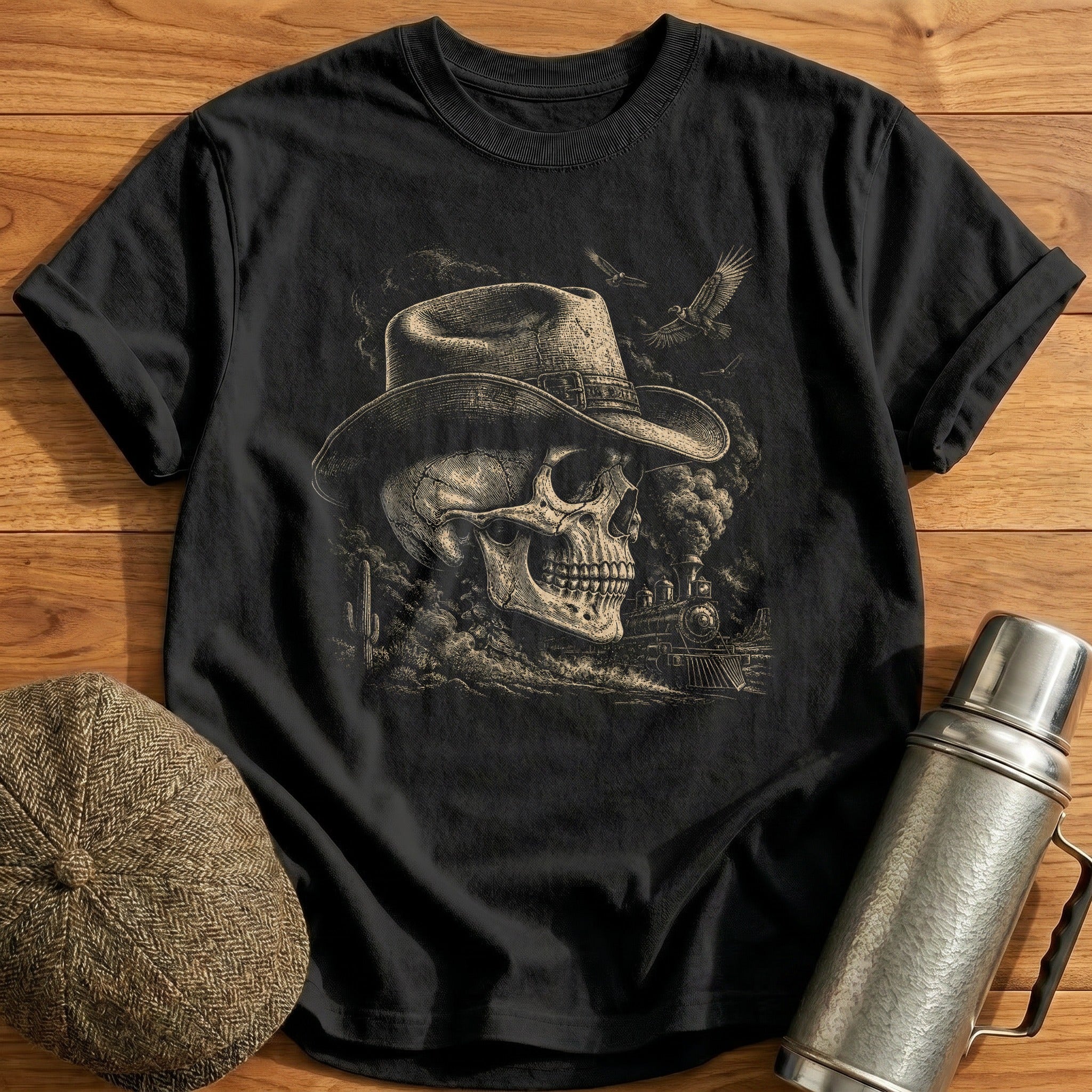 Skull Wearing Cowboy Hat Wild West Train Side Profile T-Shirt - Black