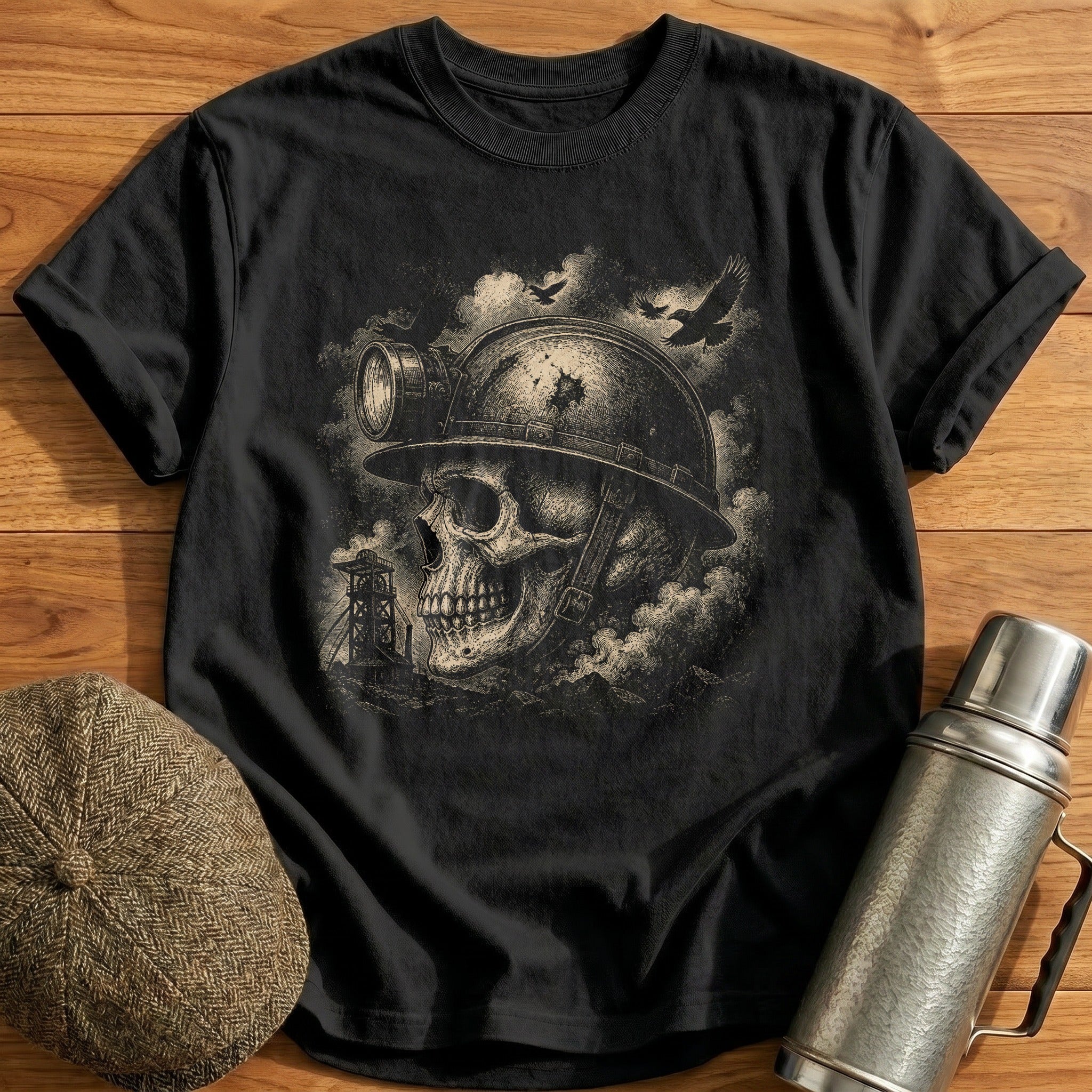 Skull Wearing Industrial Coal Miner Train Worker Helmet Side Profile T-Shirt - Black