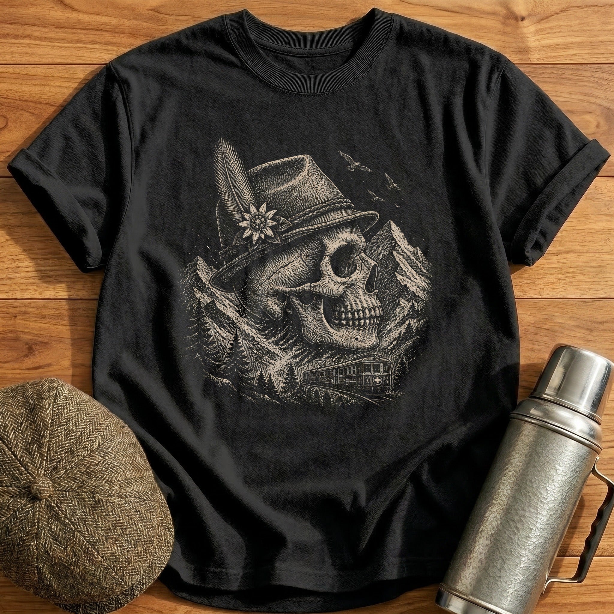Skull Wearing Swiss Mountain Railway Tyrolean Hat Side Profile T-Shirt - Black
