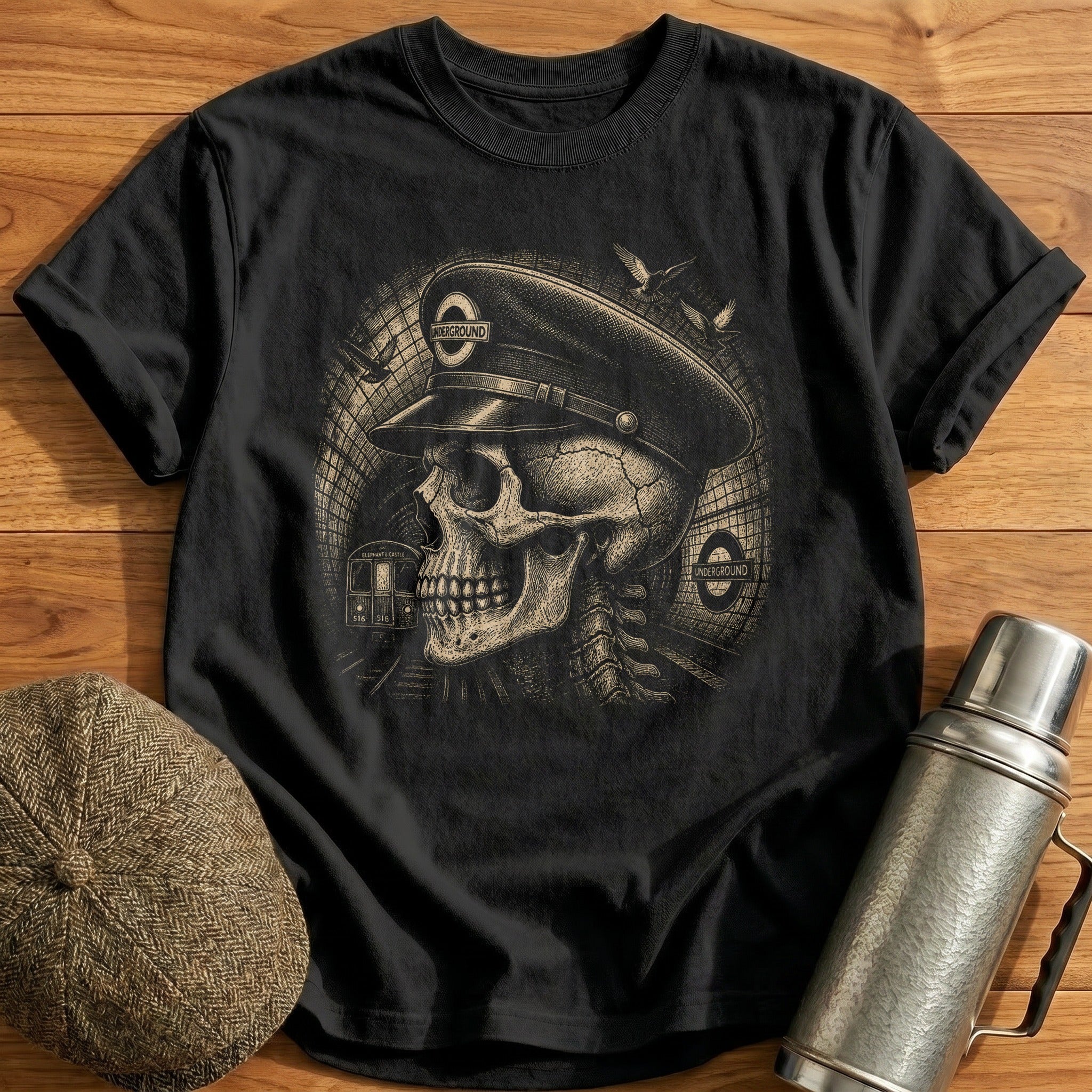 Skull Wearing Underground Tube Driver Cap Side Profile T-Shirt - Black