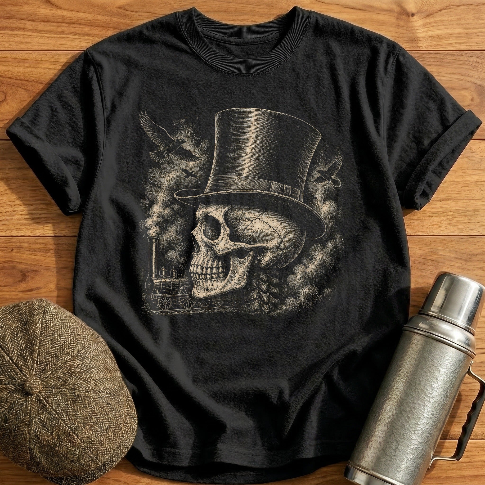 Skull Wearing Victorian Top Hat Side Profile T-Shirt - Black