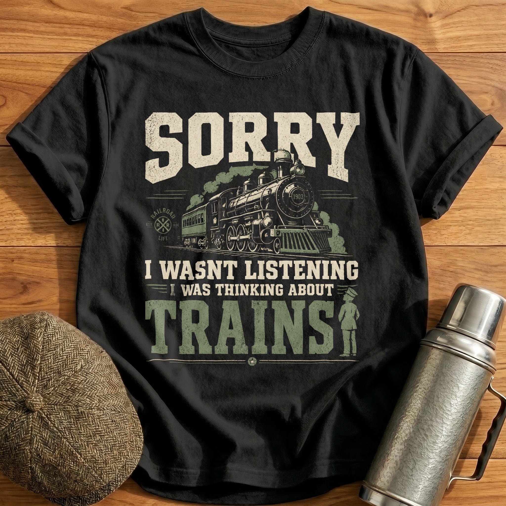 Sorry I Was Thinking About Trains T-Shirt - Black