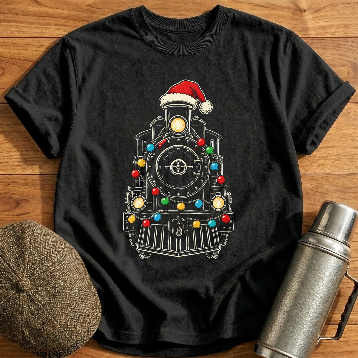 Steam Locomotive Christmas Lights 24 T-Shirt - Black