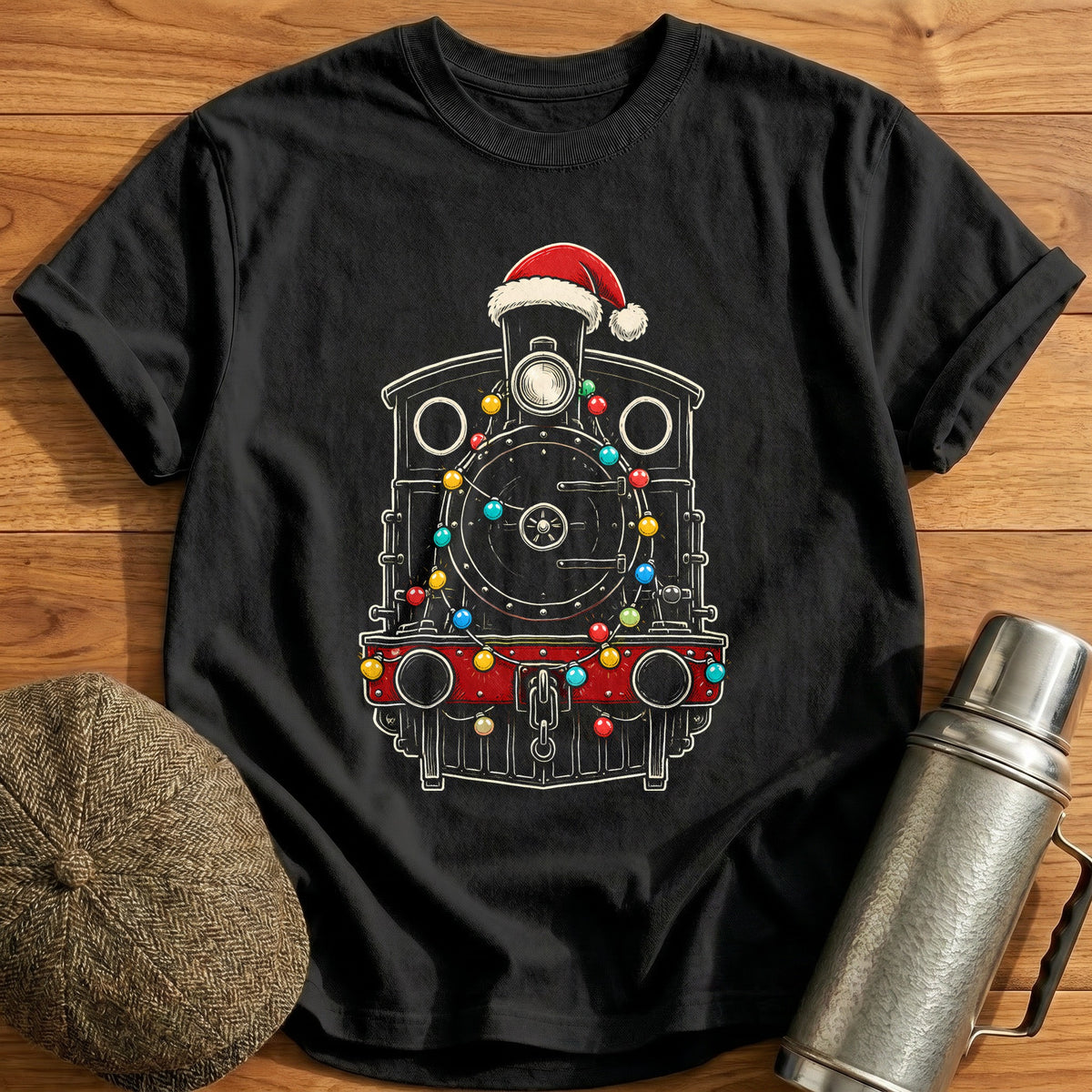 Steam Tank Engine Christmas Lights 68 T-Shirt - Black