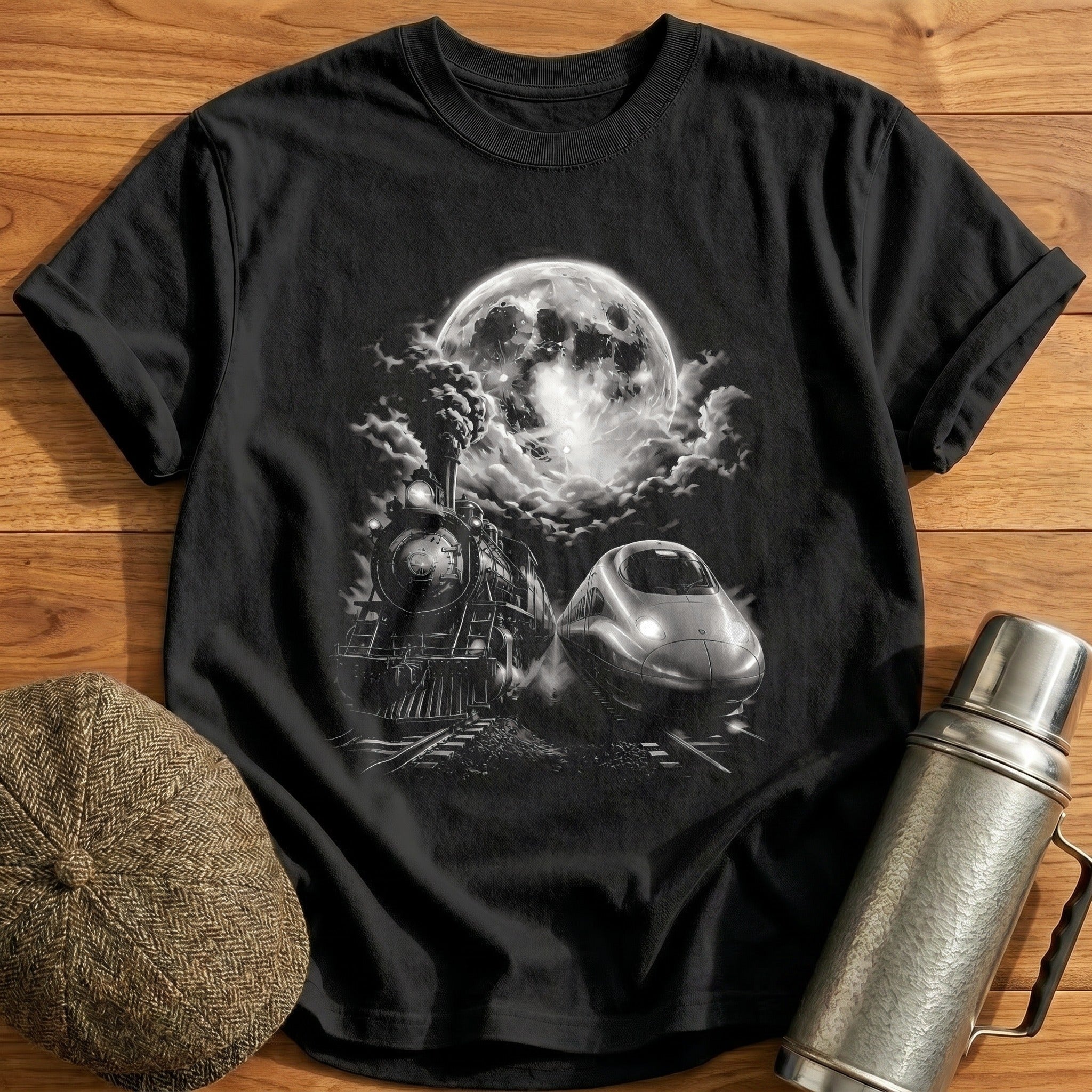 Steam Train Bullet Train Moon Night Travel - Black