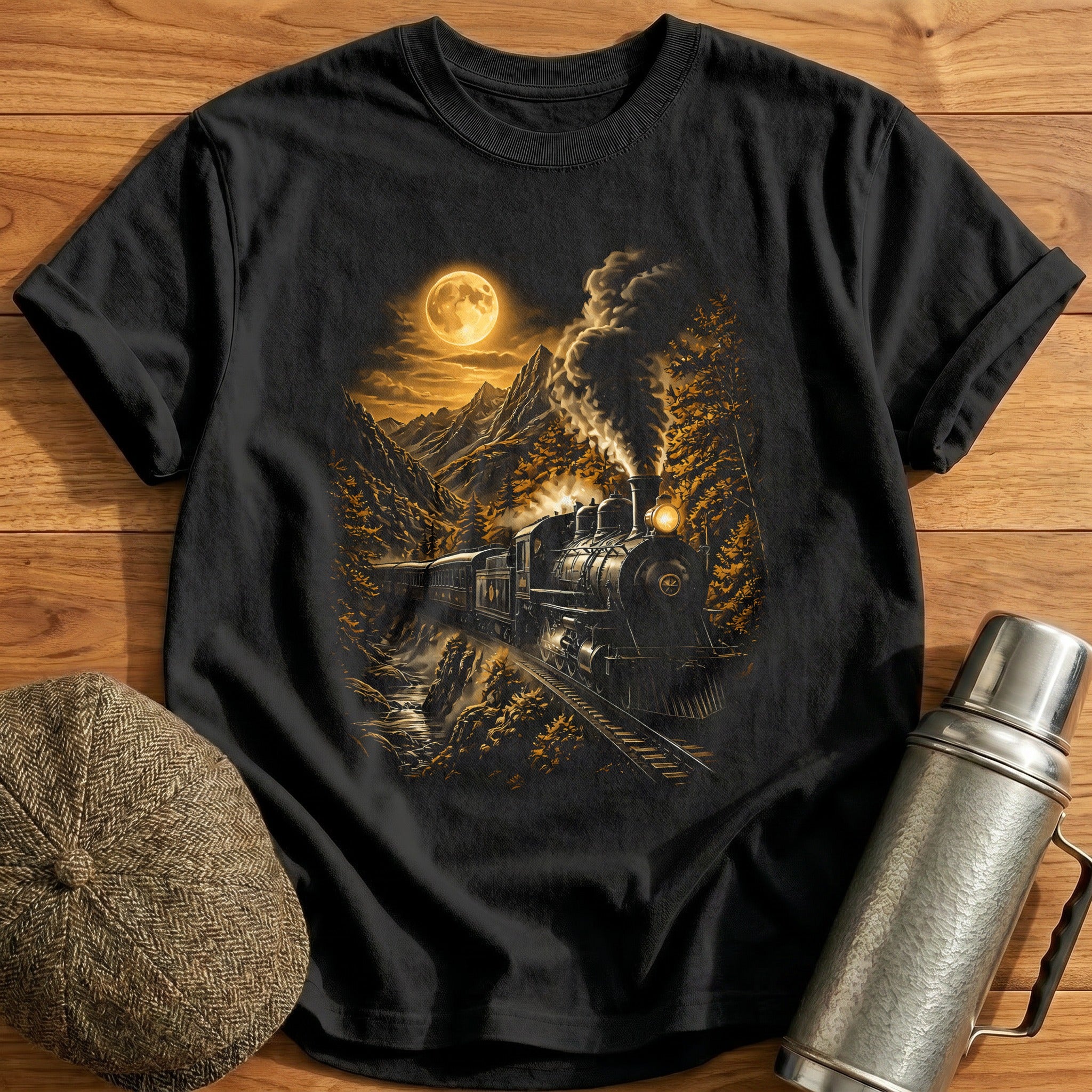 Steam Train Locomotive Mountain Night - Black
