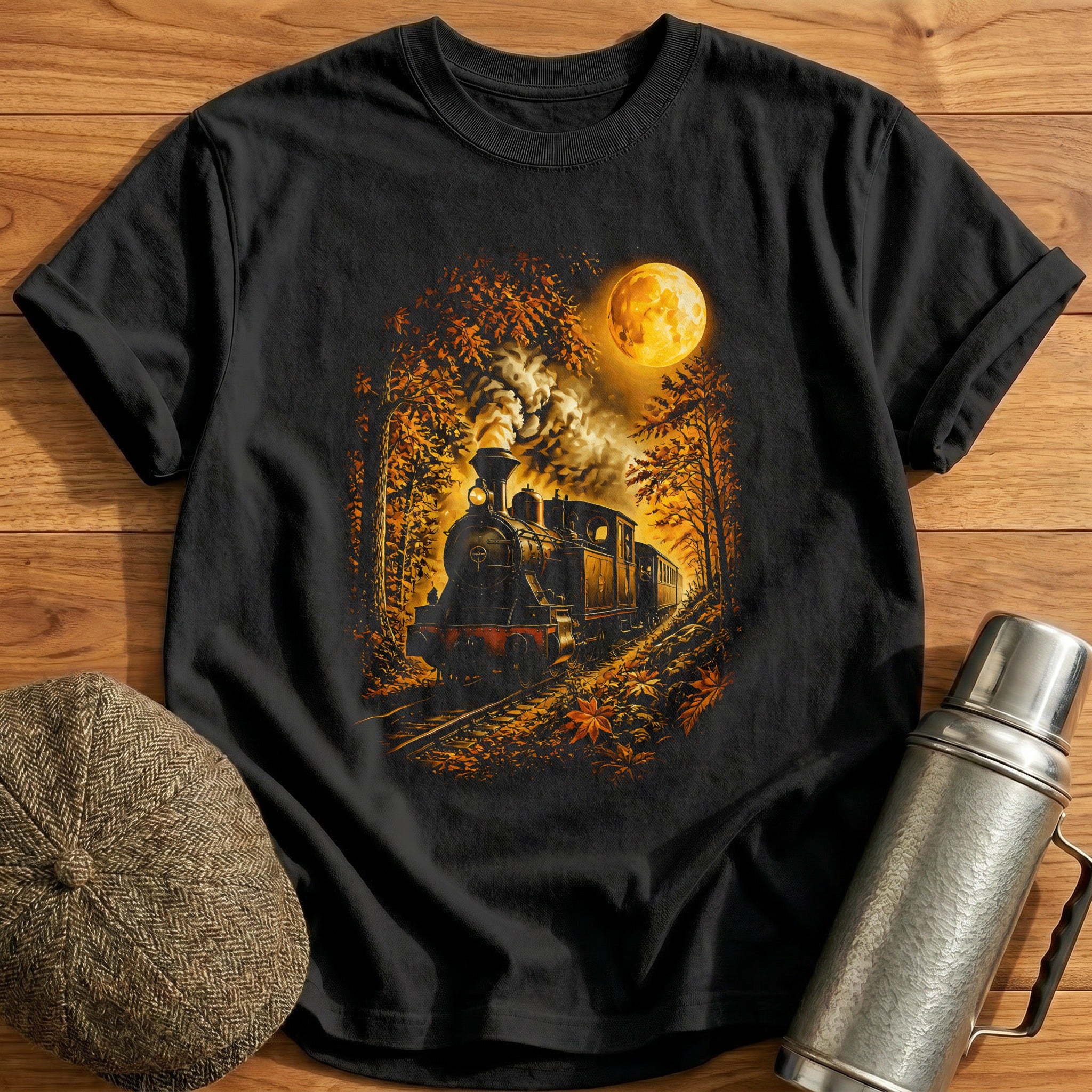 Steam Train Moonlight Night Forest - Black