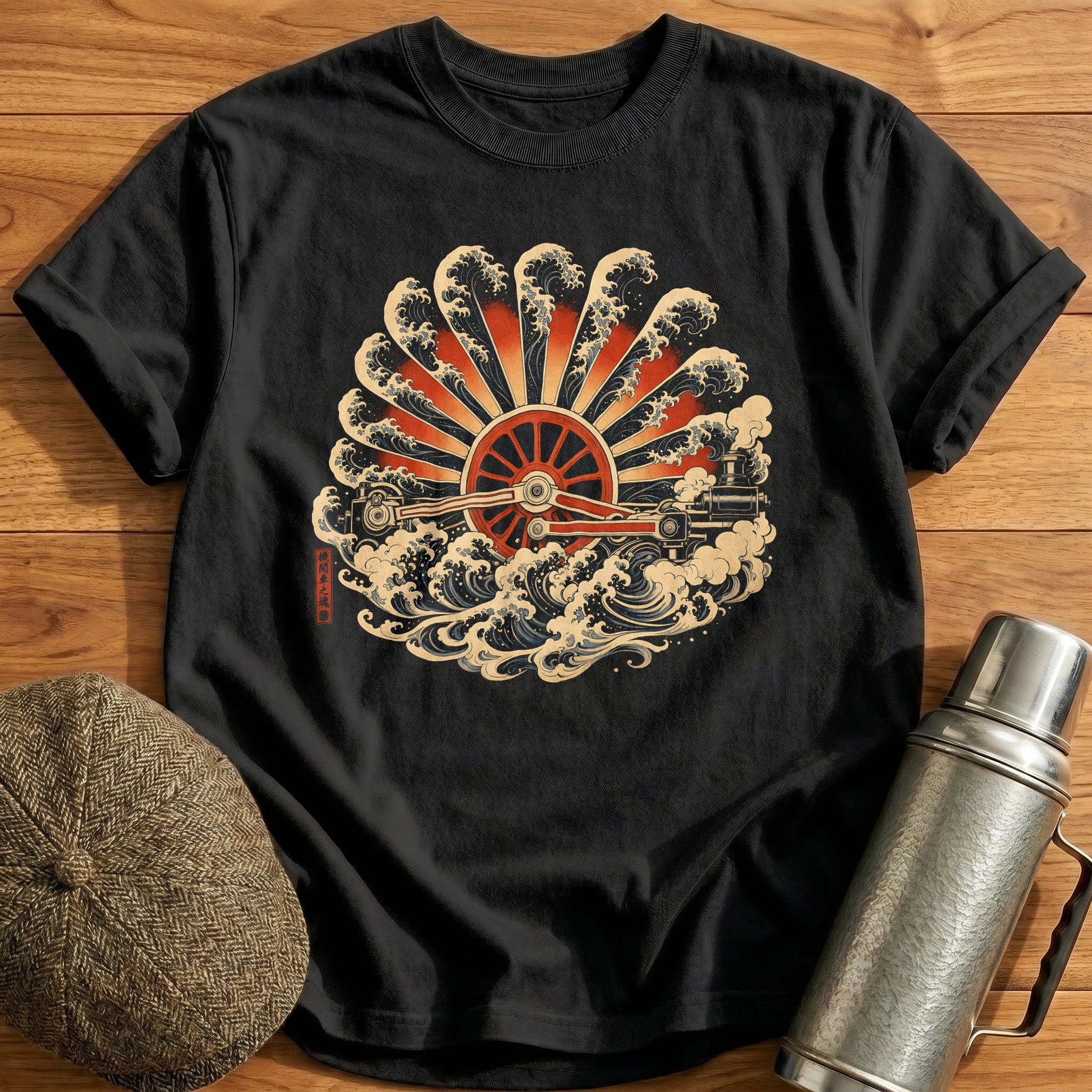 Steampunk Locomotive Waves Ukiyo E - Black