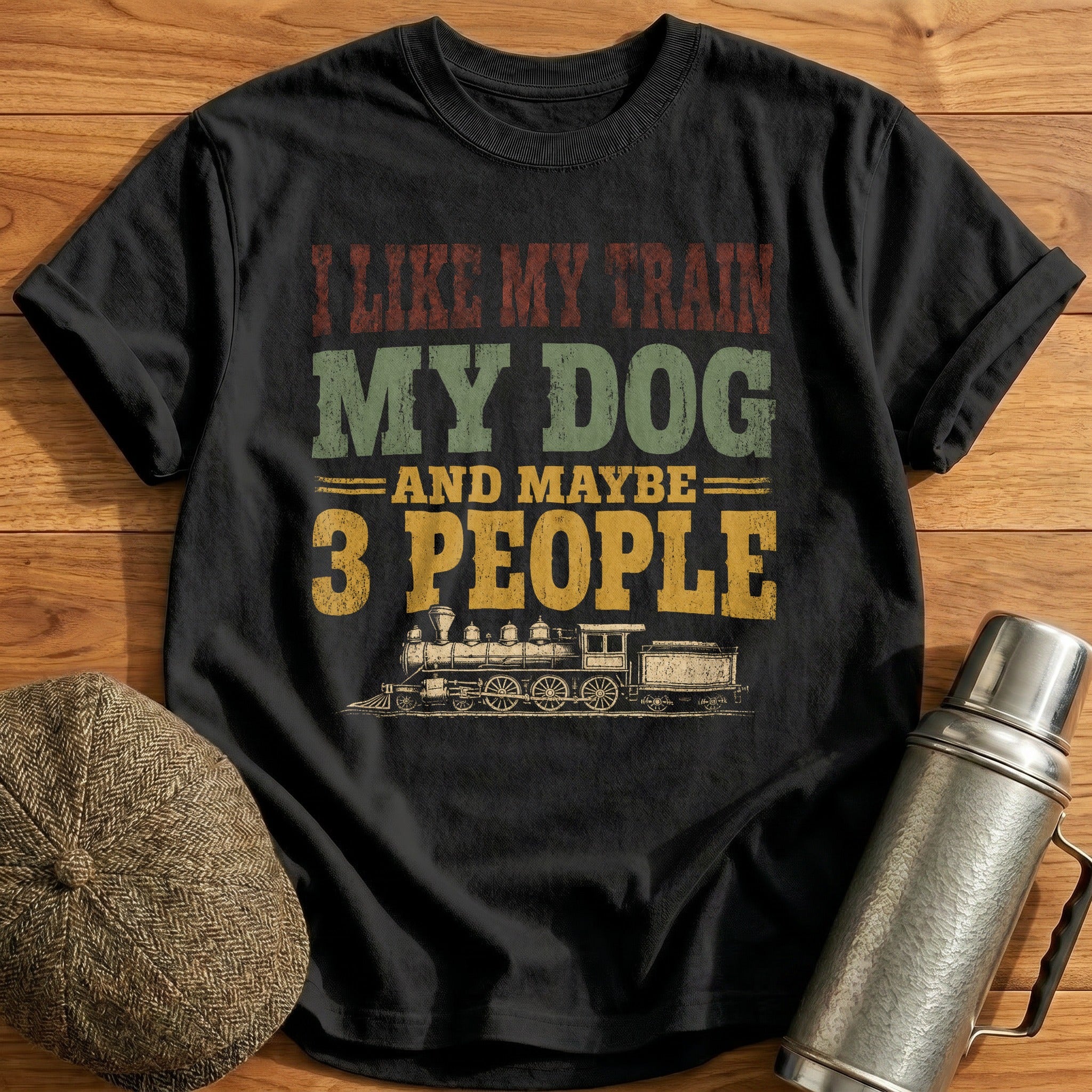 Train Dog 3 People T-Shirt - Black