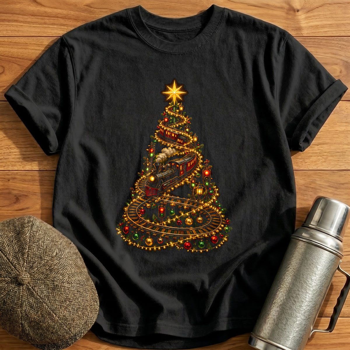 Train String Lights Tree 14 T-Shirt - Black