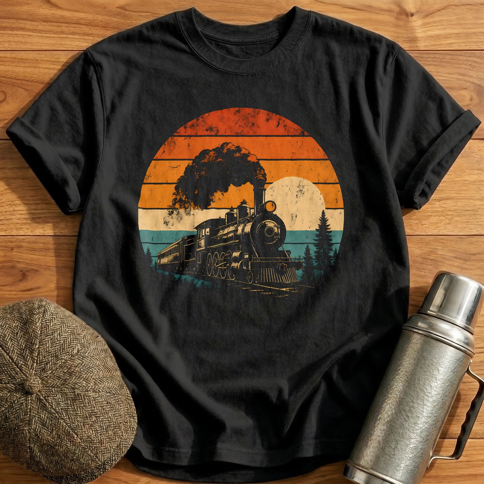 Vintage Train Sunset Locomotive Engineer - Black