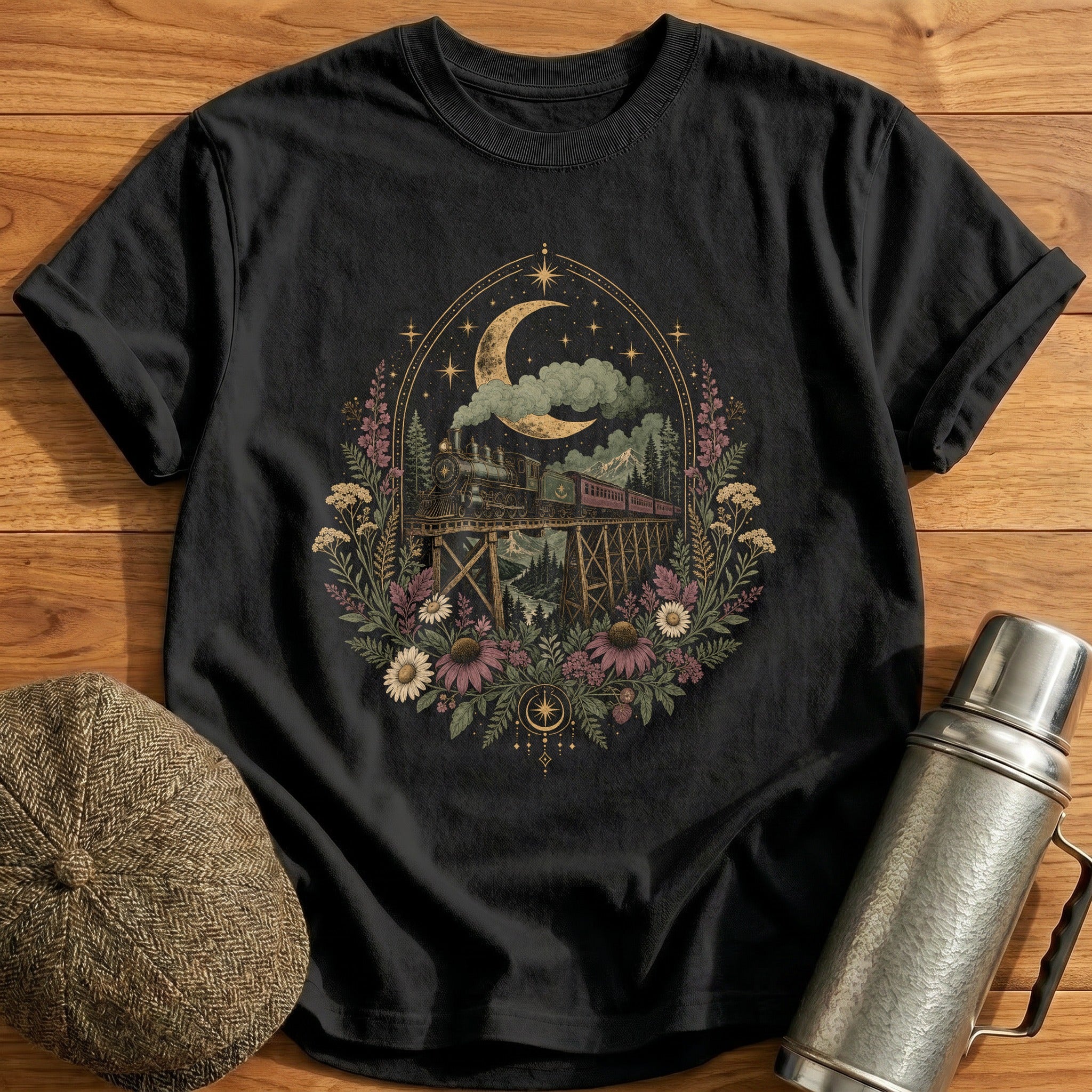 Celestial Train Crescent T-Shirt - Black