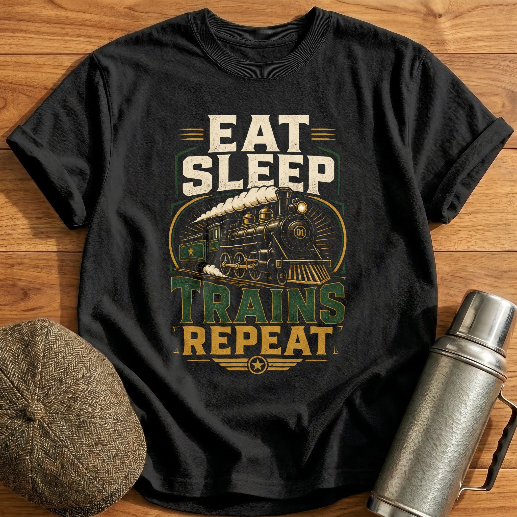 Eat Sleep Trains Repeat T-Shirt - Black