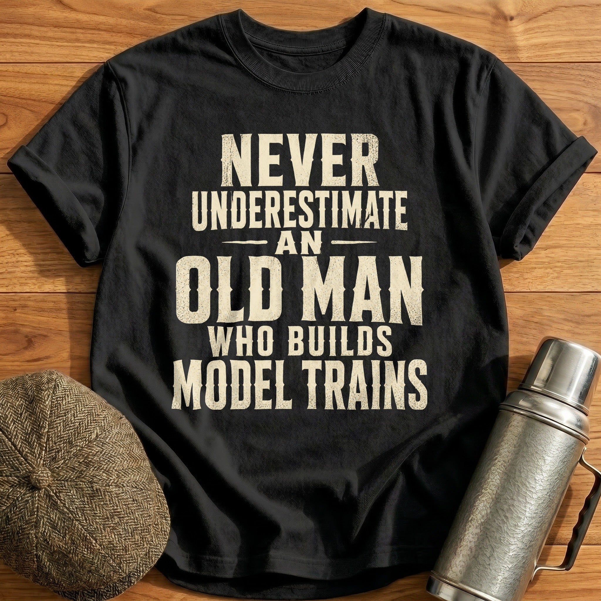 Never Underestimate Old Man Model Trains II T-Shirt - Black