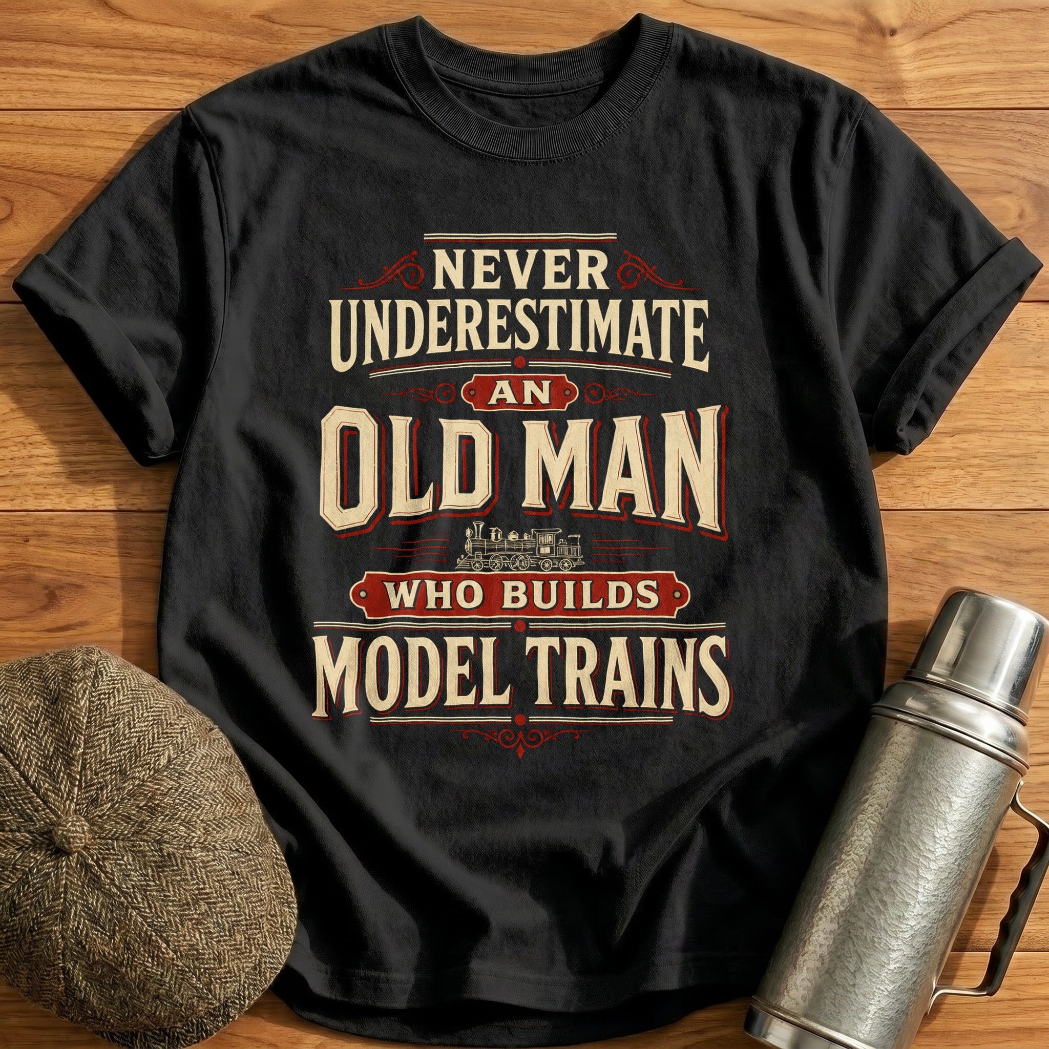 Never Underestimate Old Man Model Trains T-Shirt - Black