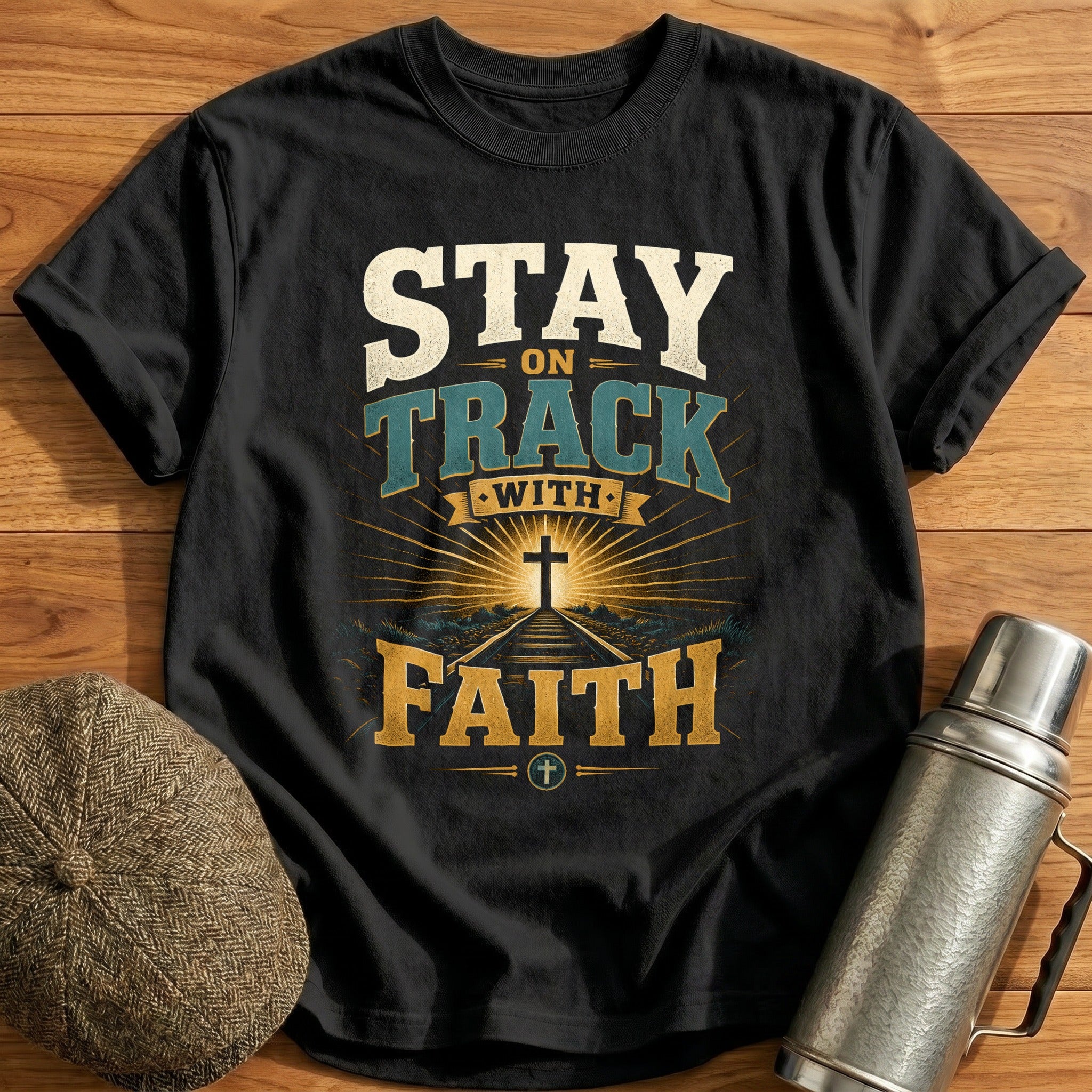 Stay on Track with Faith T-Shirt - Black