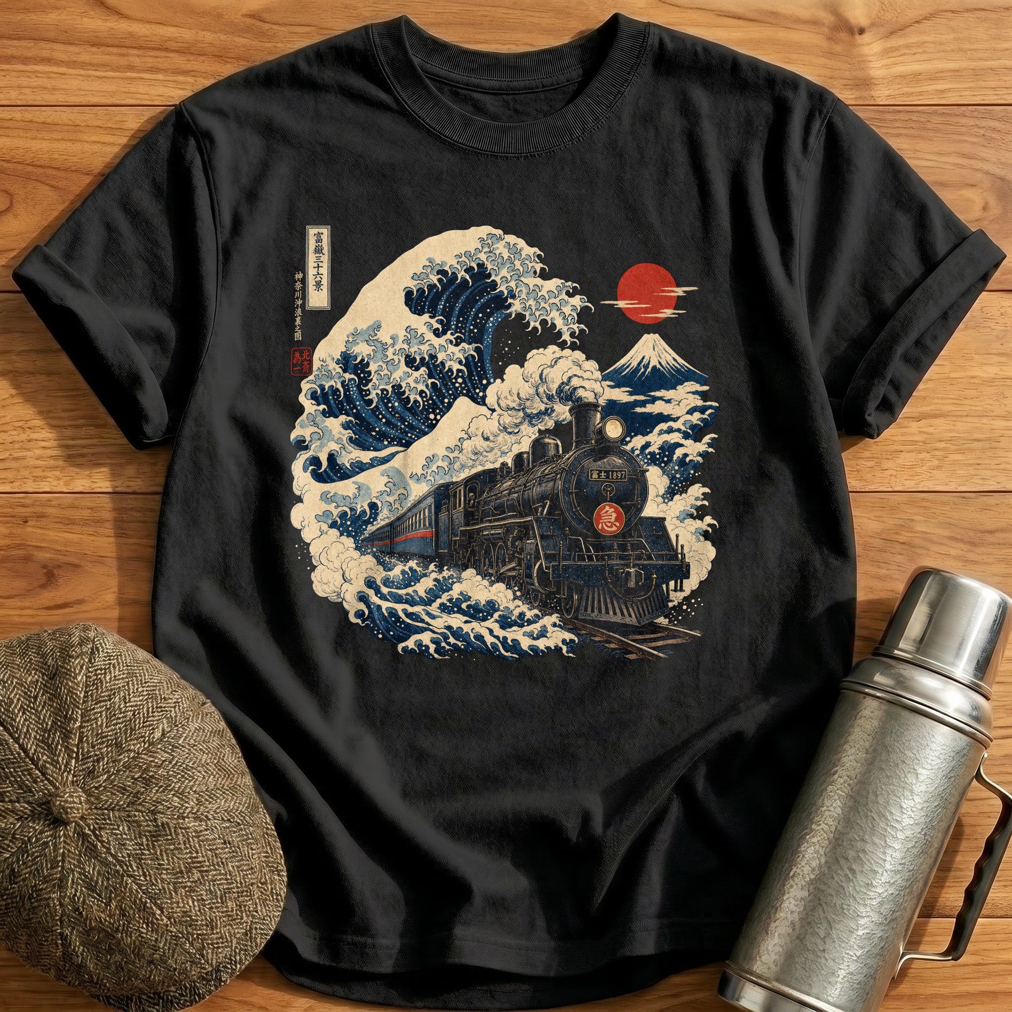 Ukiyoe Steam Train Wave T-Shirt - Black