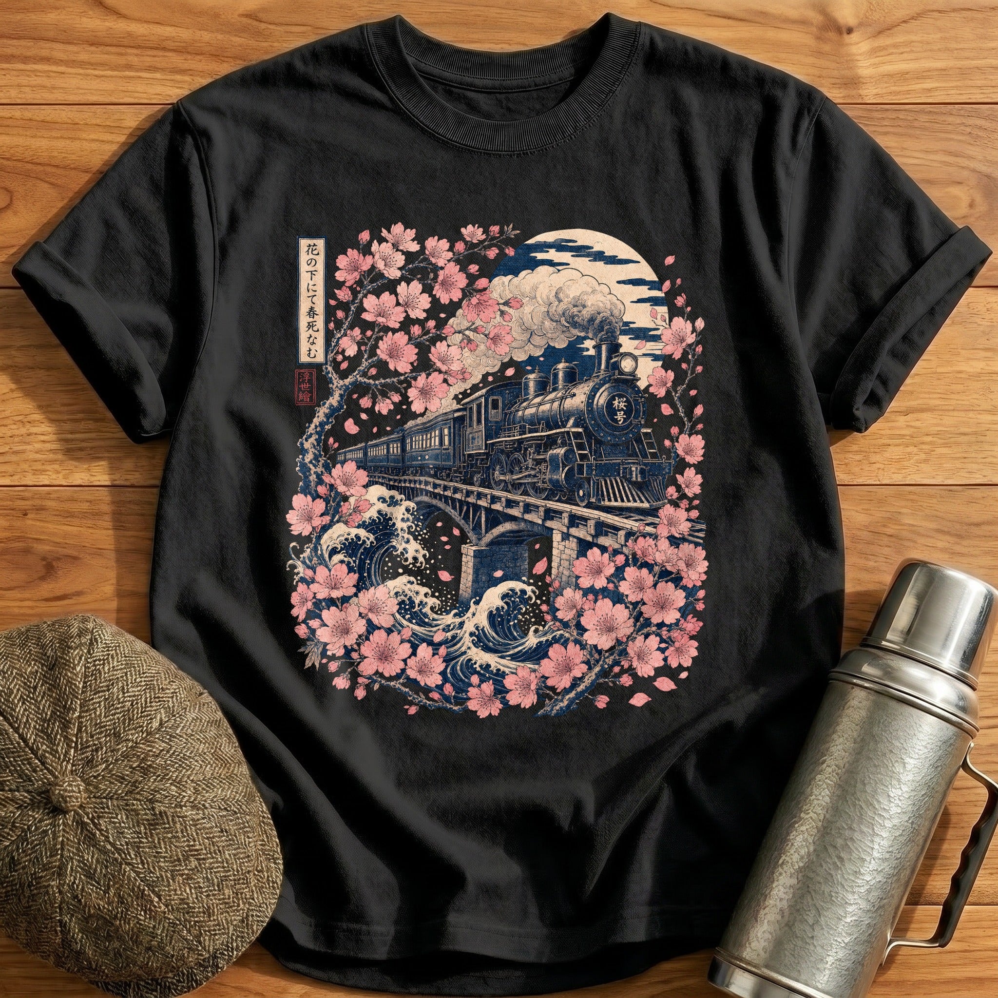 Ukiyoe Train Blossoms T-Shirt - Black