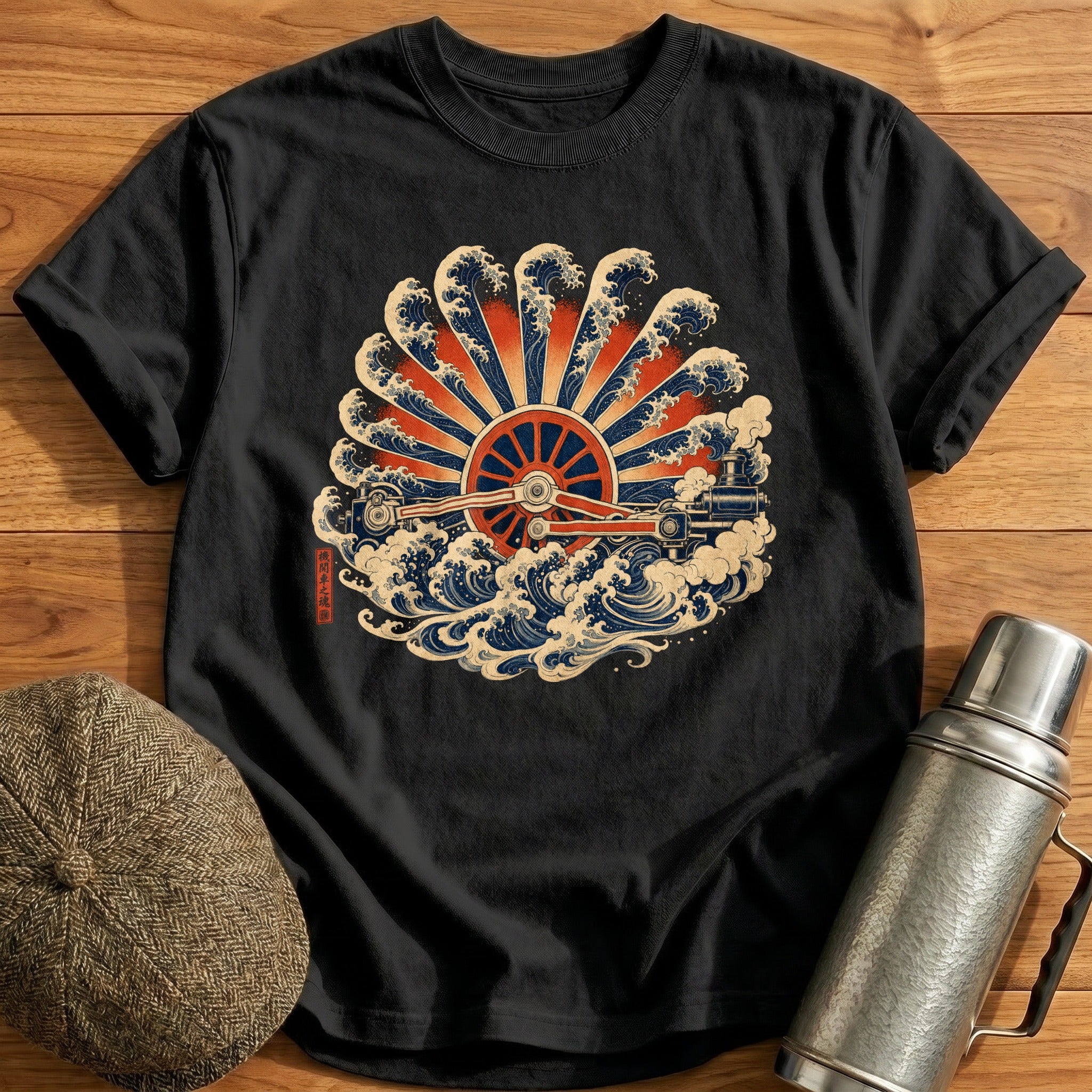 Ukiyoe Wheel Rising Sun T-Shirt - Black