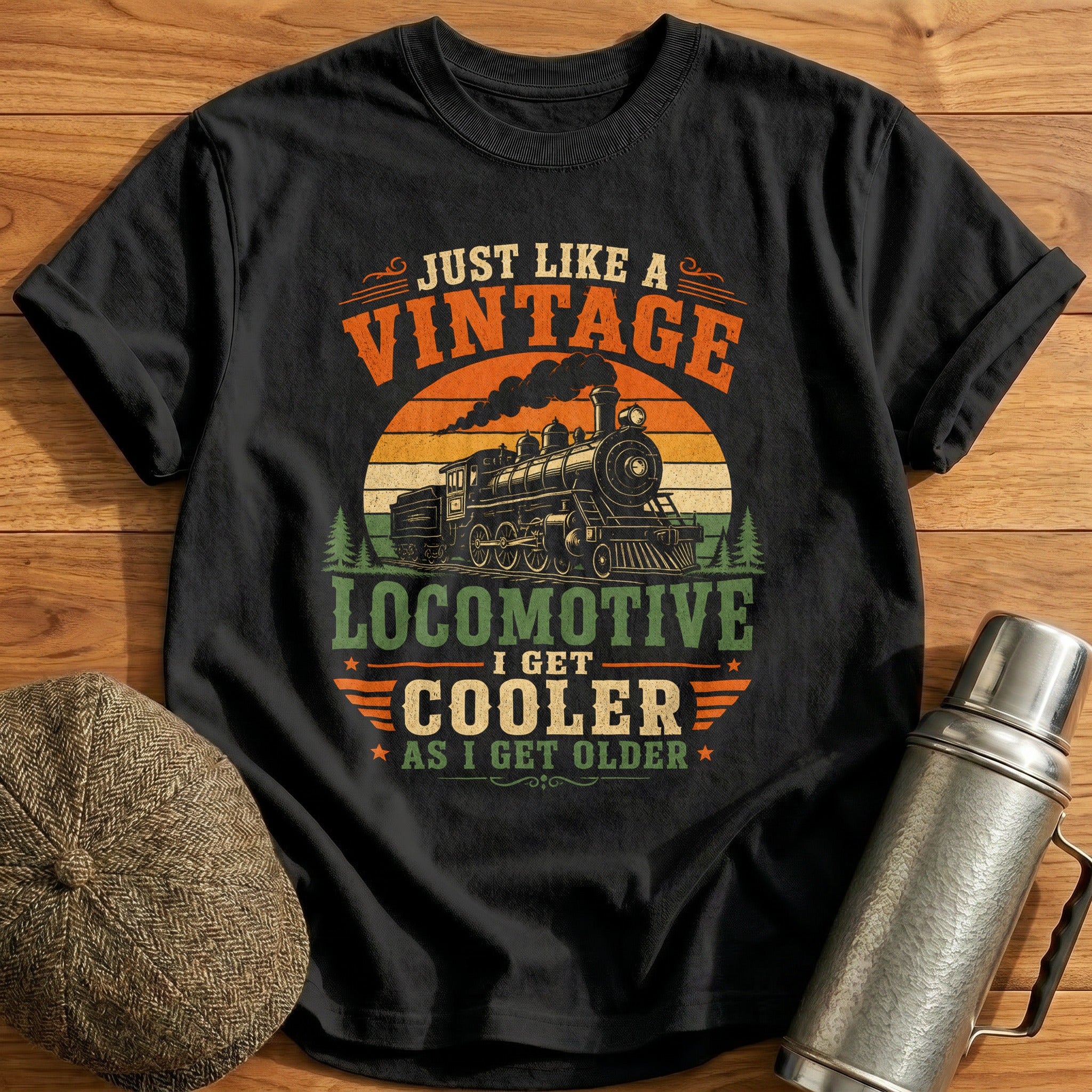 Vintage Locomotive Cooler Older T-Shirt - Black