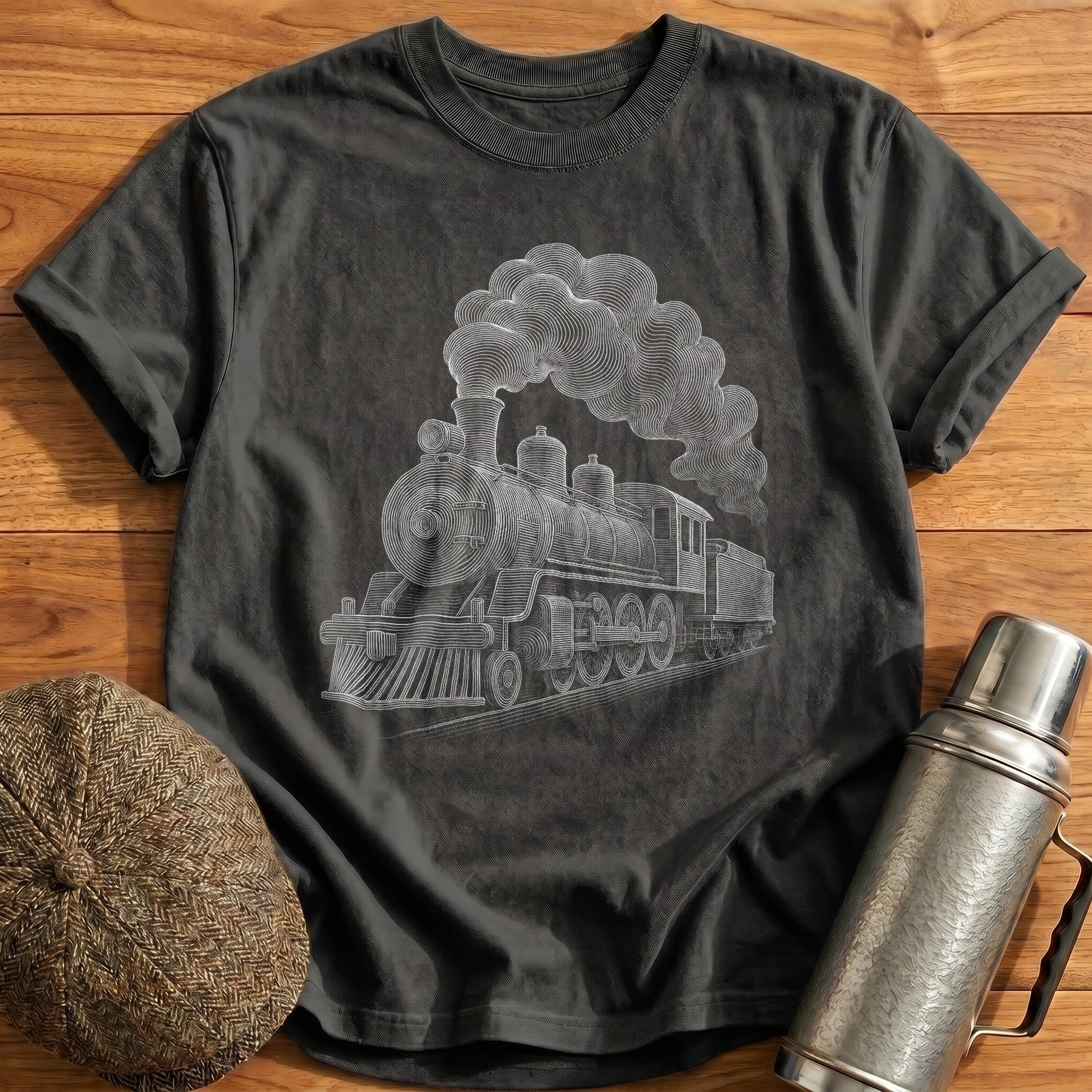 Steam Locomotive With Billowing Smoke T-Shirt - Charcoal