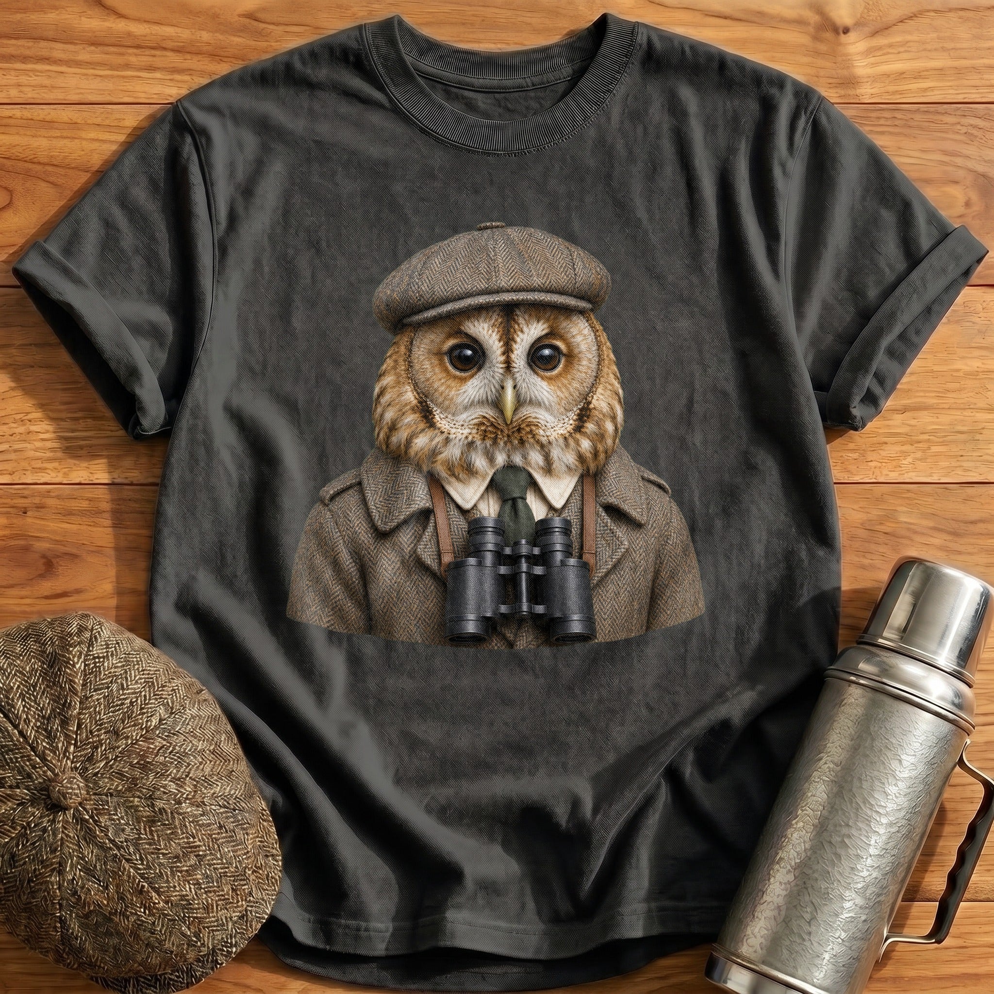 Tawny Owl Trainspotter With Binoculars T-Shirt - Charcoal