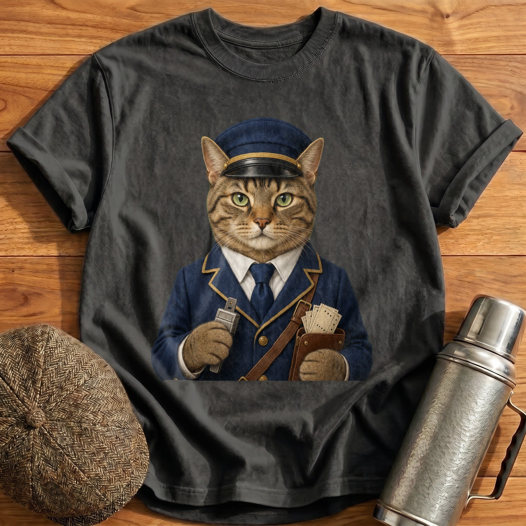 Tabby Cat Ticket Inspector T-Shirt - Charcoal