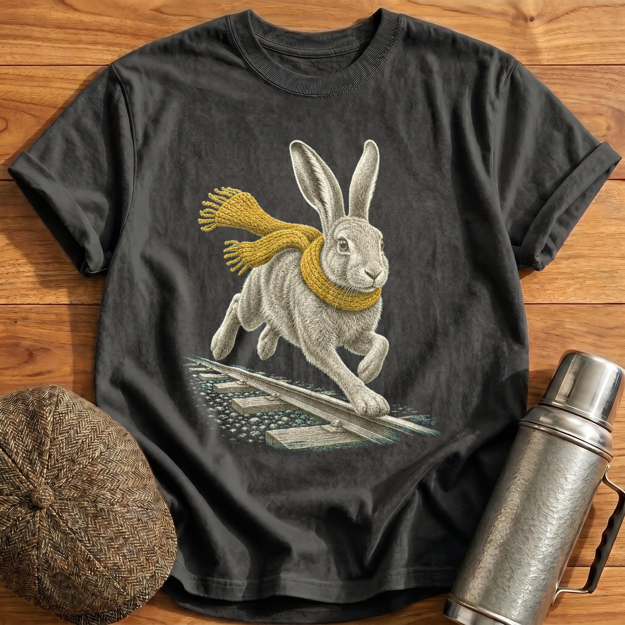Hare Running Beside The Rails T-Shirt - Charcoal