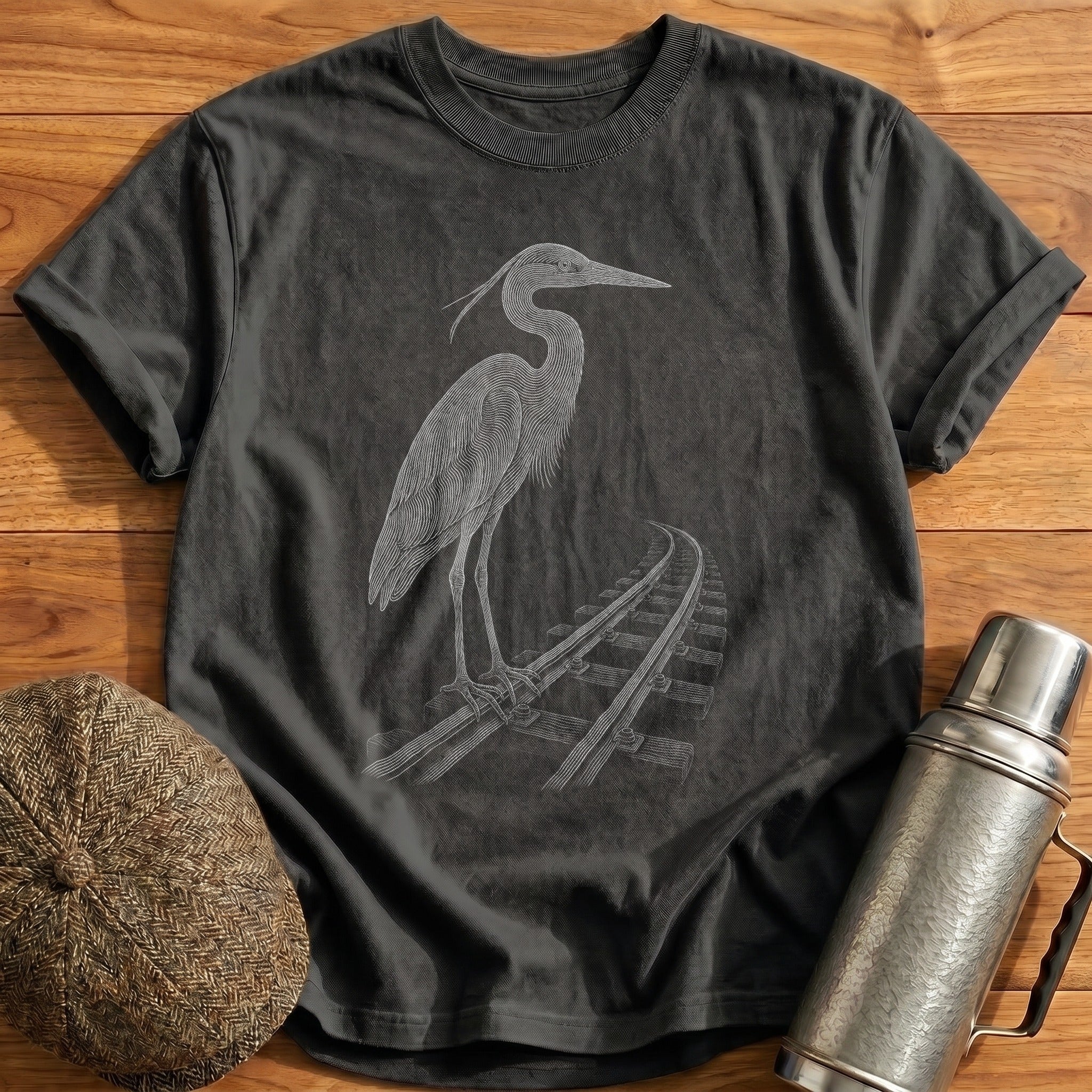 Heron By The Tracks T-Shirt - Charcoal
