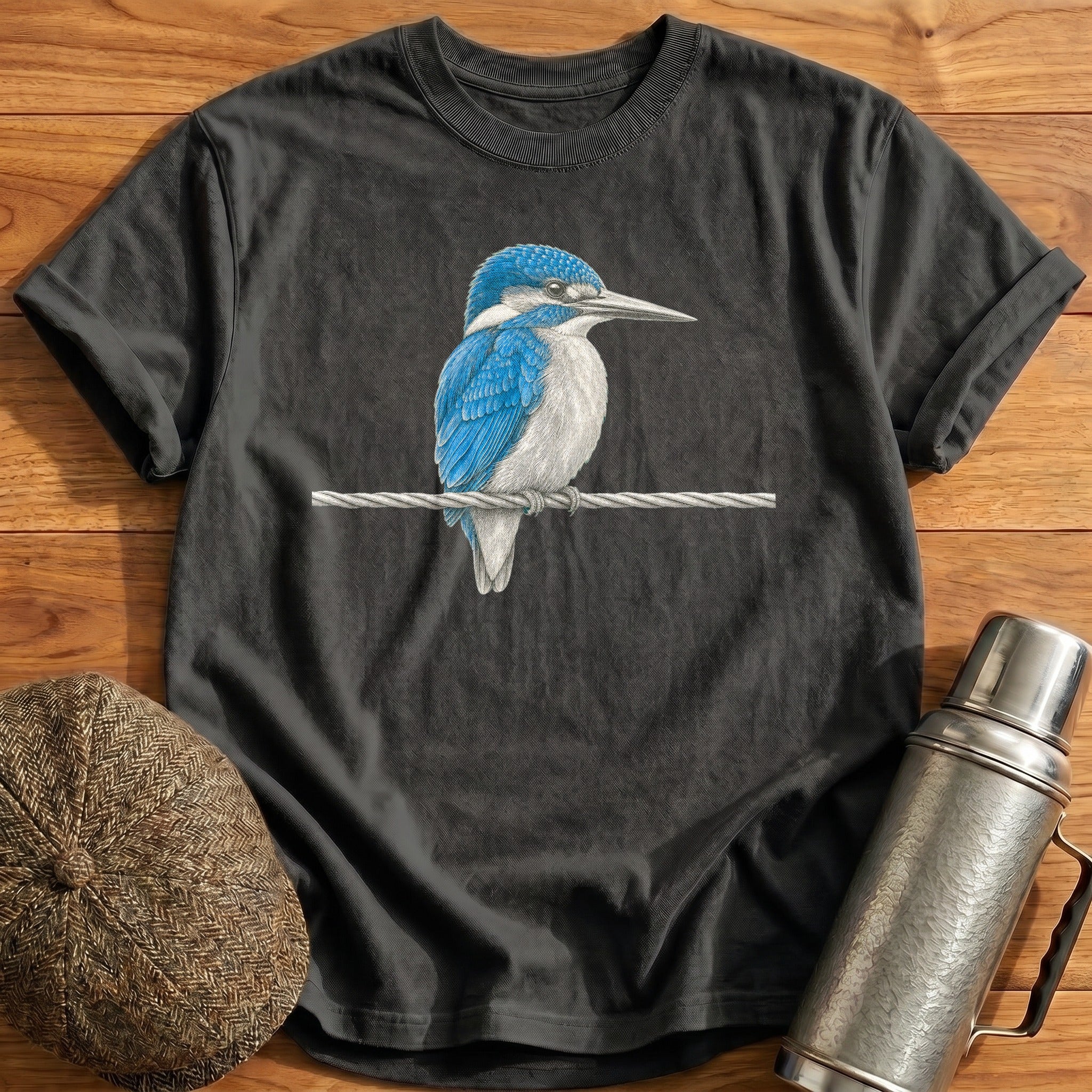 Kingfisher On A Signal Wire T-Shirt - Charcoal