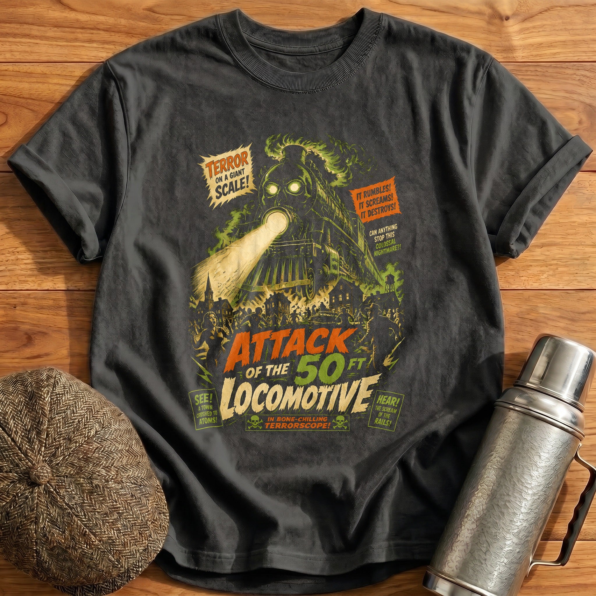 Attack Of The 50 Ft Locomotive T-Shirt - Charcoal