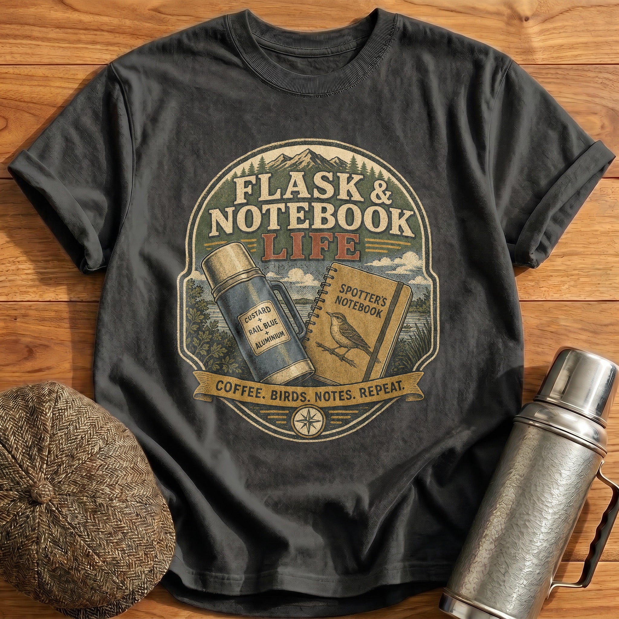 Coffee, Birds, Notes, Repeat T-Shirt - Charcoal
