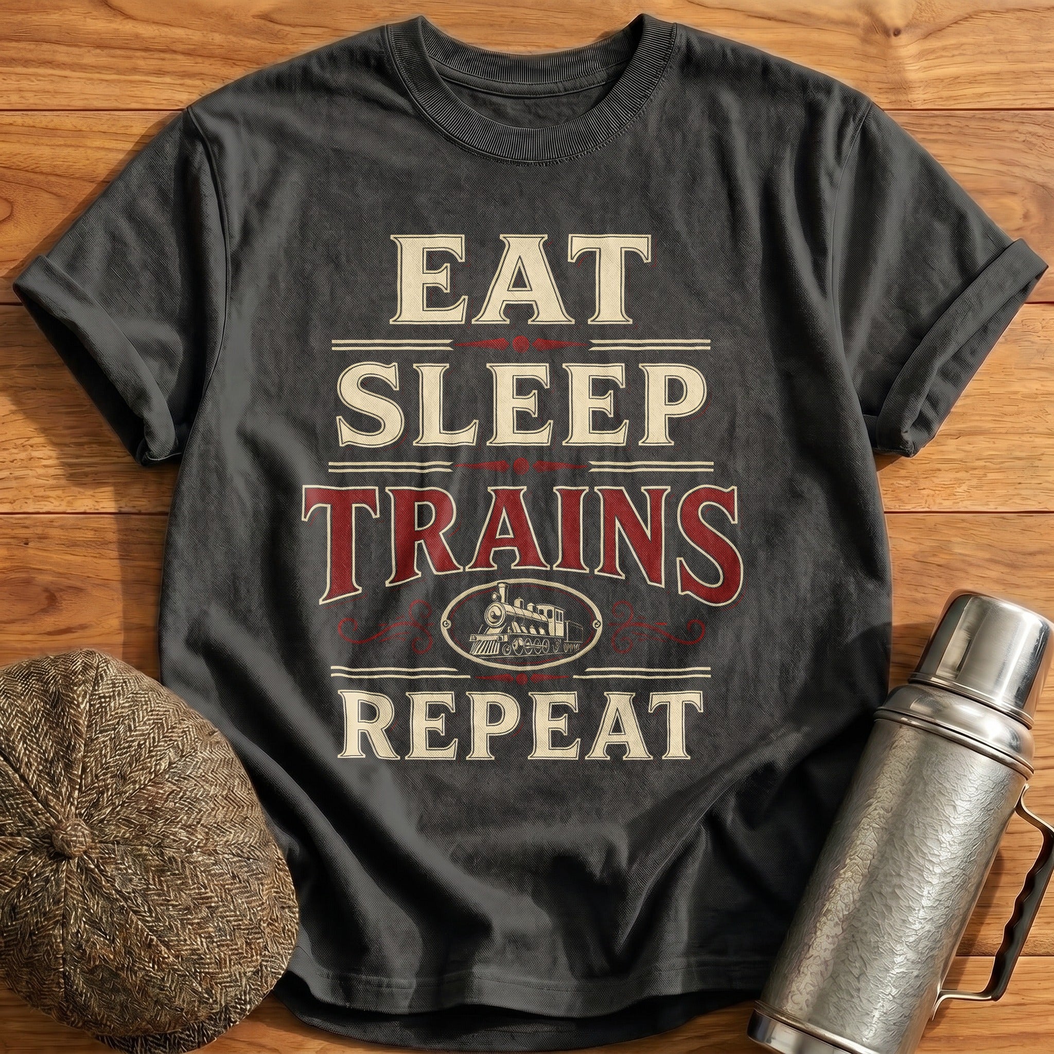Eat Sleep Trains Repeat Train Enthusiast Vintage - Charcoal